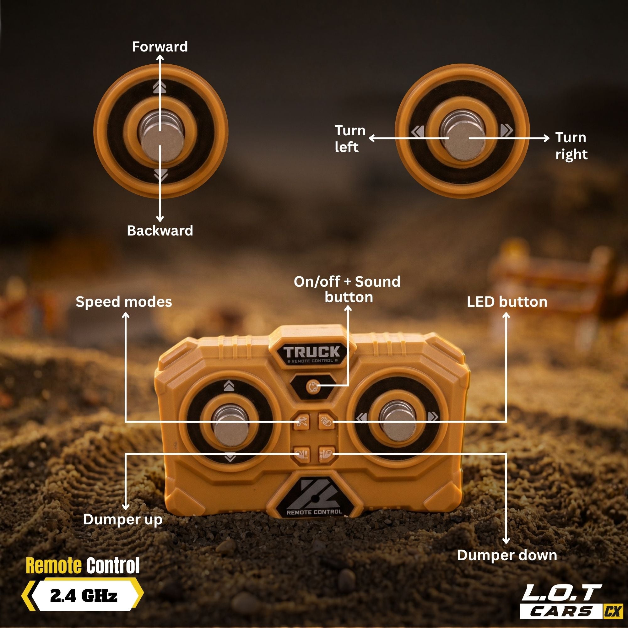 RC car with labeled buttons on a dirt background