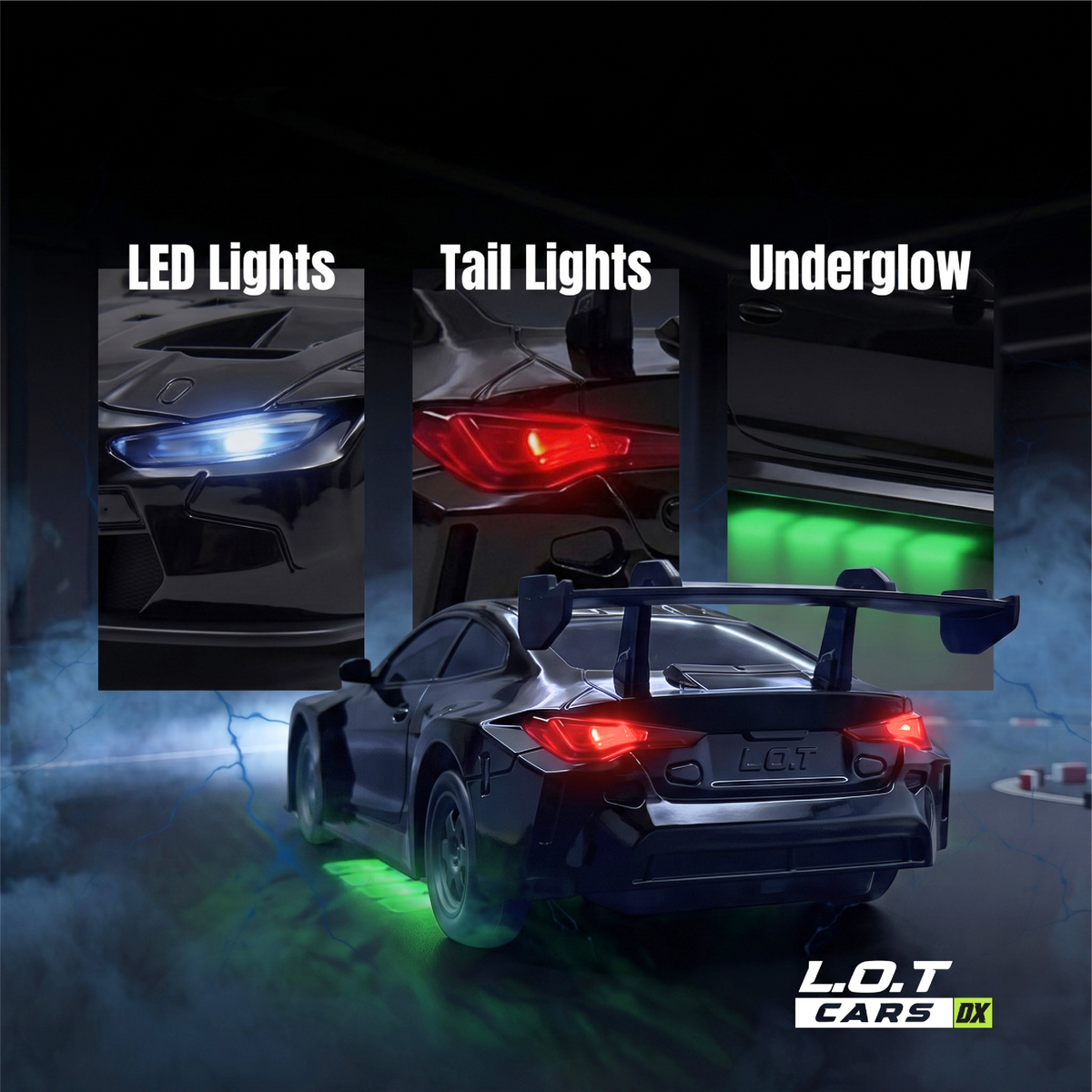 The black Bhoot's lights in three panels: LED headlights, red tail lights and green underglow
