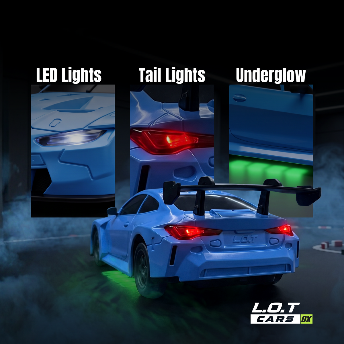 The blue Bhoot's lights in three panels: LED headlights, red tail lights and green underglow