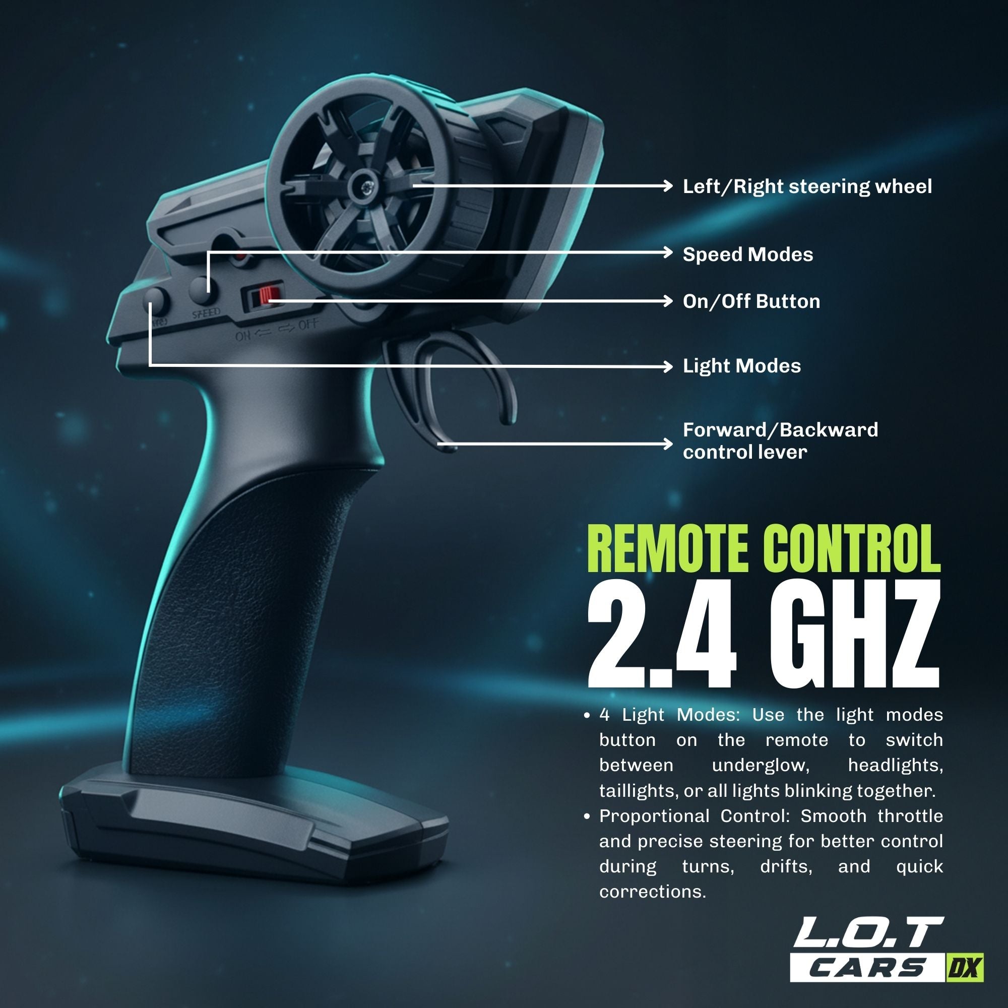 Remote control with labeled parts on a dark background, featuring the brand 'L.O.T Cars'.