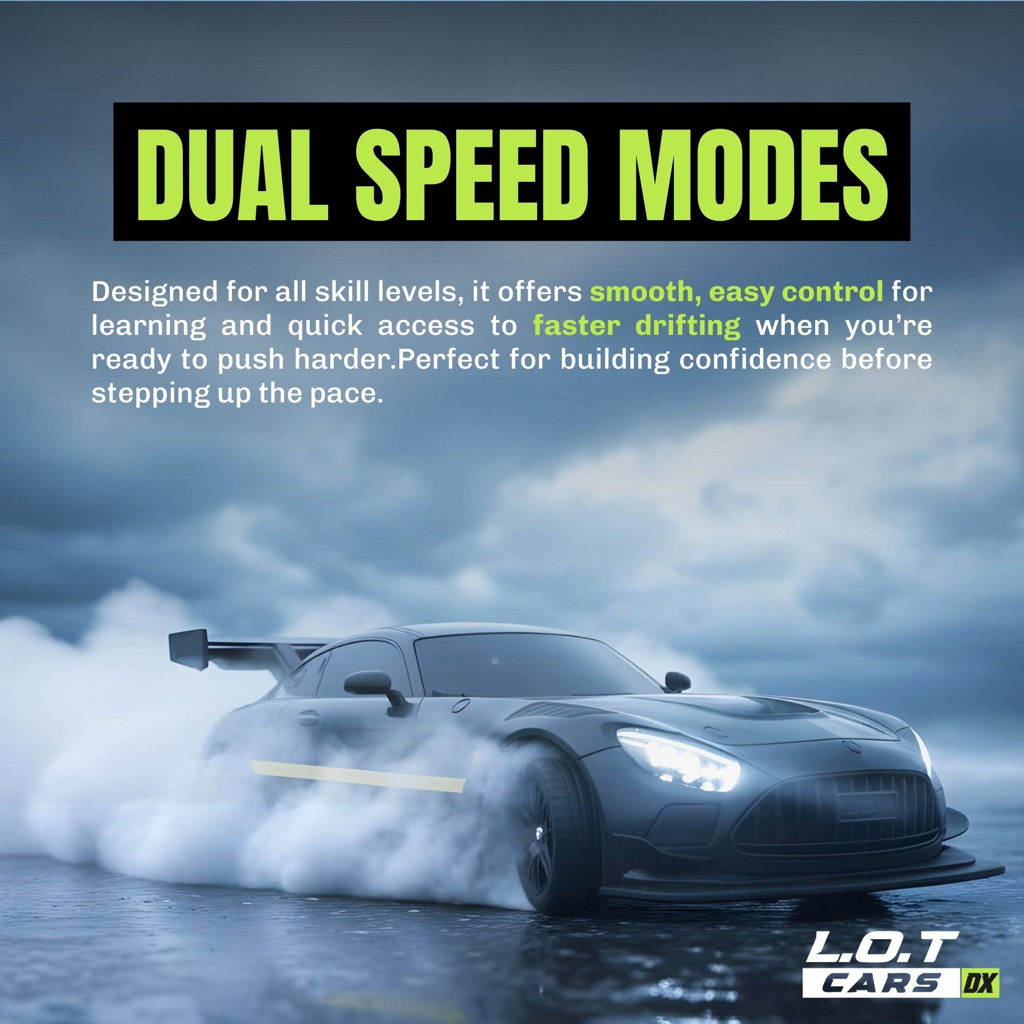 RC Car performing a drift with text about dual speed modes and L.O.T Cars branding.