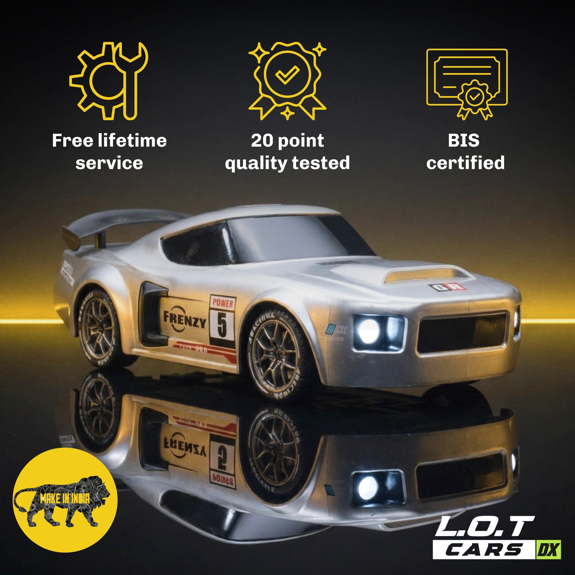 RC car with certification icons and 'L.O.T Cars' branding on a reflective surface.