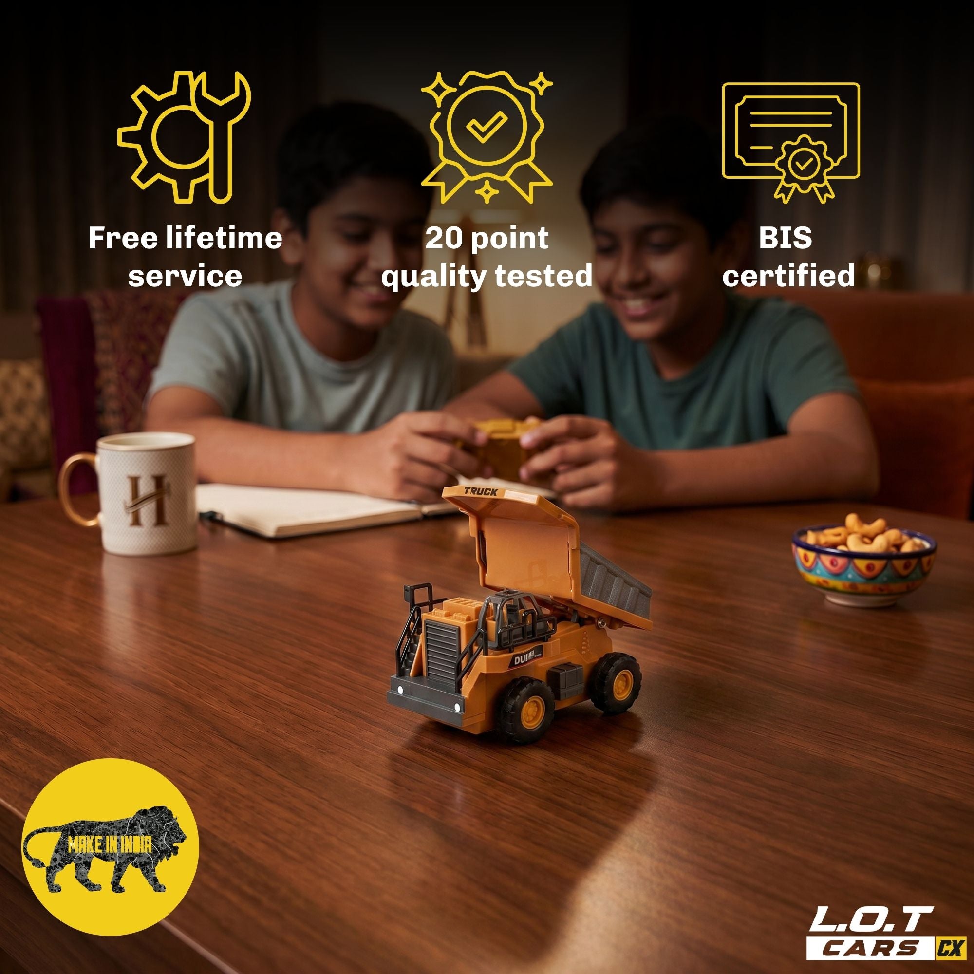 Two children playing with a RC dump truck on a table, with certification icons and text displayed.