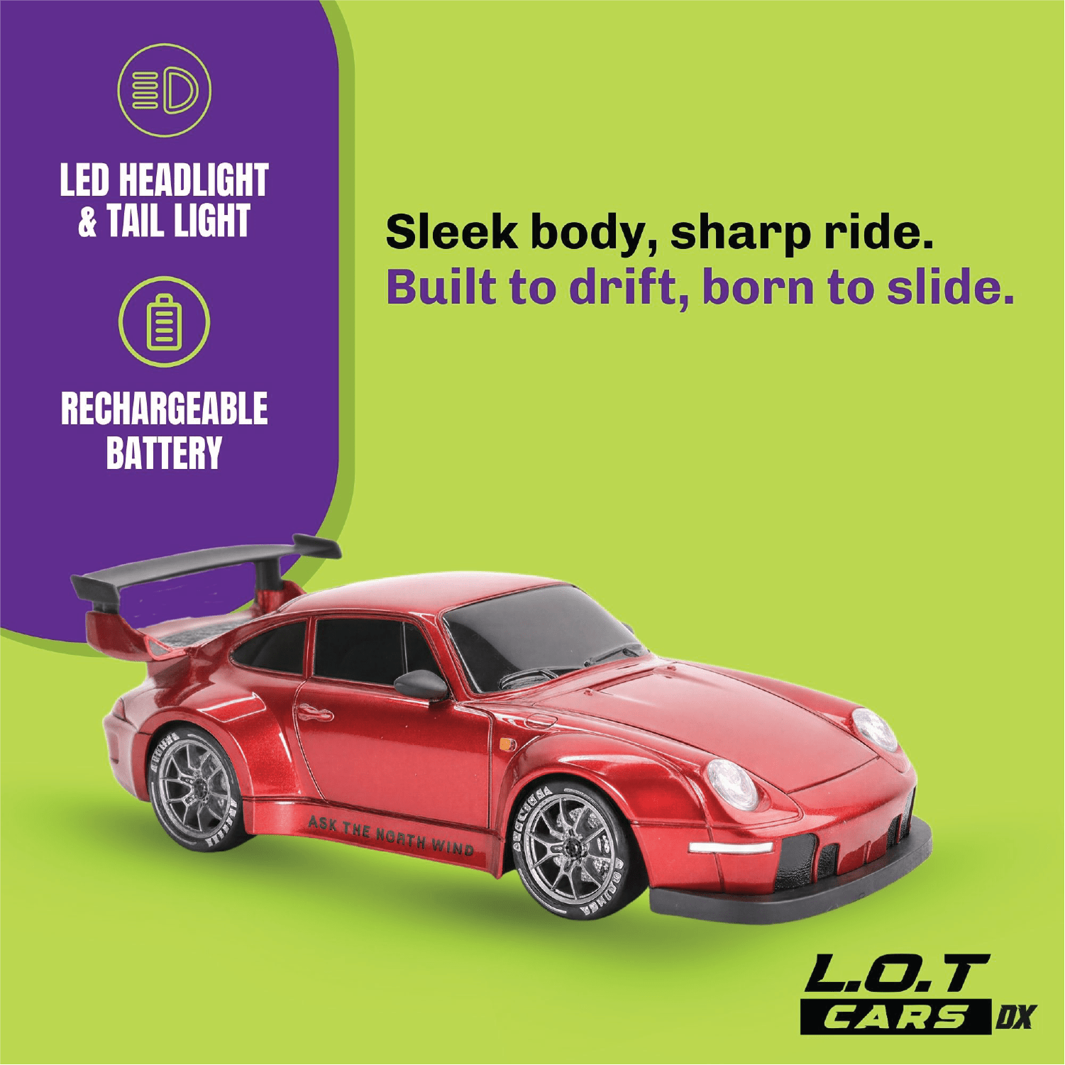 Red toy RC car with promotional text on a green background