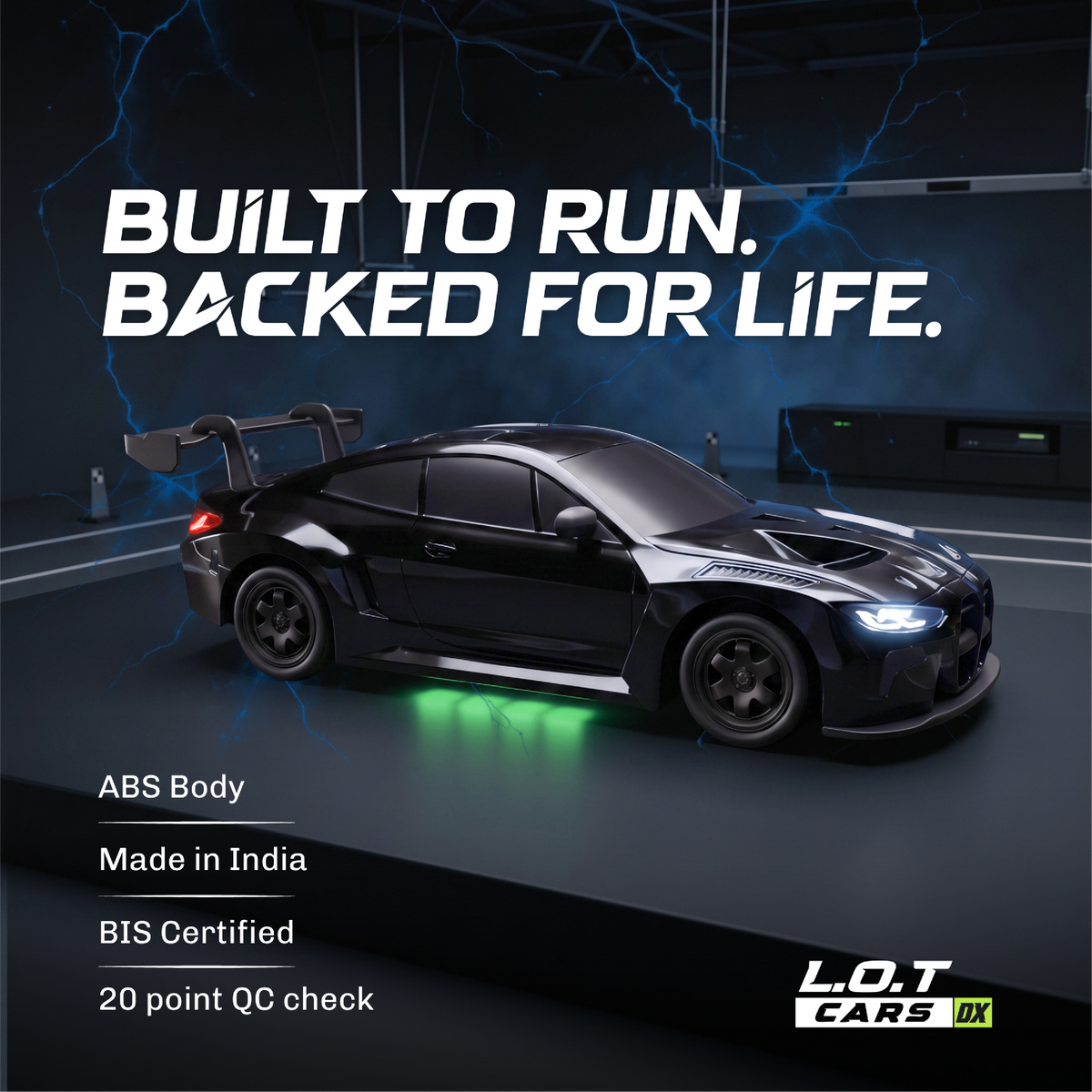 Built to run, backed for life: the black Bhoot with badges for its ABS body, Made in India, BIS certified and a 20-point QC check