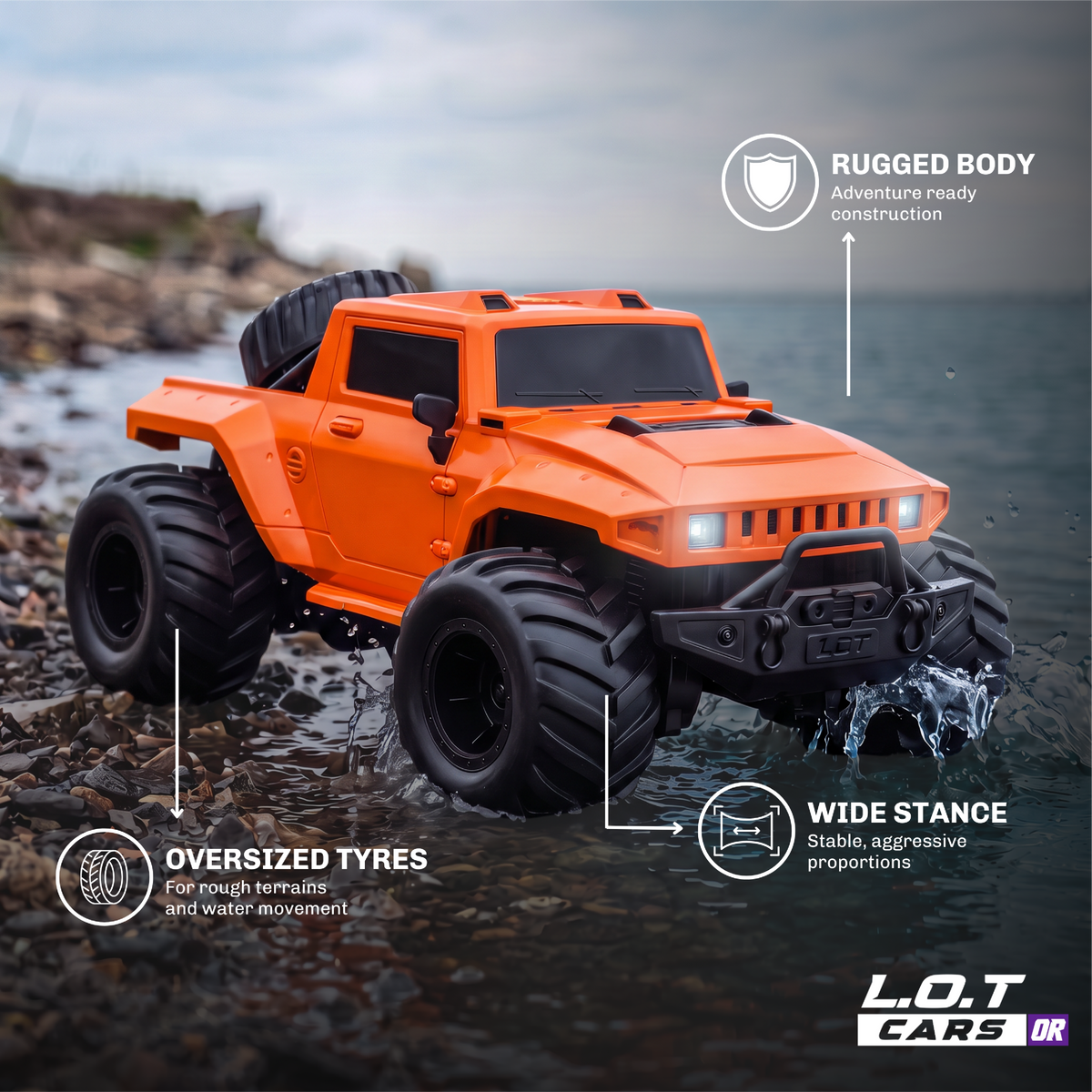 The orange Gator on a rocky shore, with callouts for its rugged body, oversized tyres and wide stance