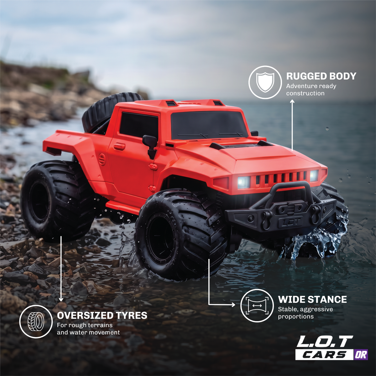 The red Gator on a rocky shore, with callouts for its rugged body, oversized tyres and wide stance