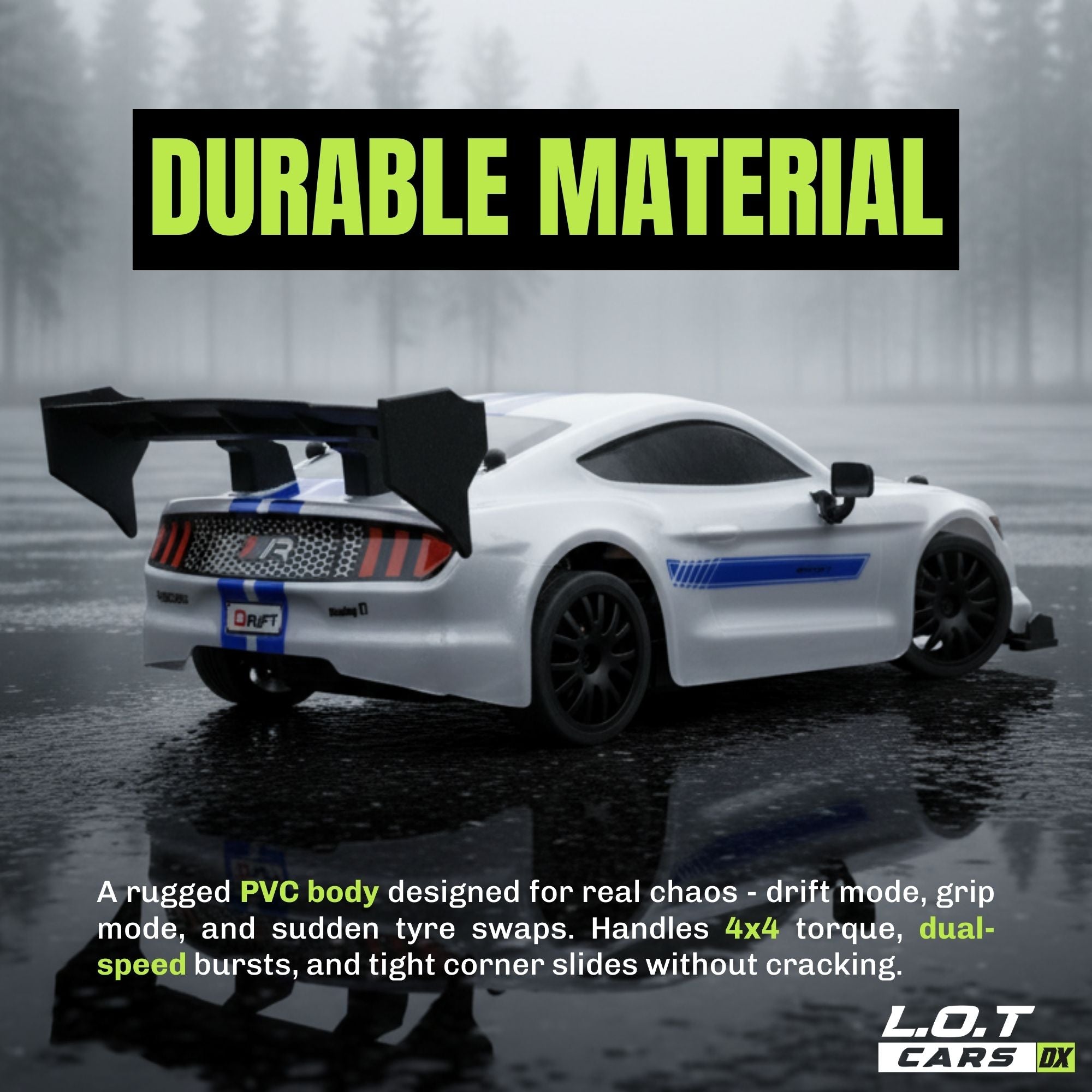 White RC car with black and blue accents on a wet road, featuring text about durable material and product features.
