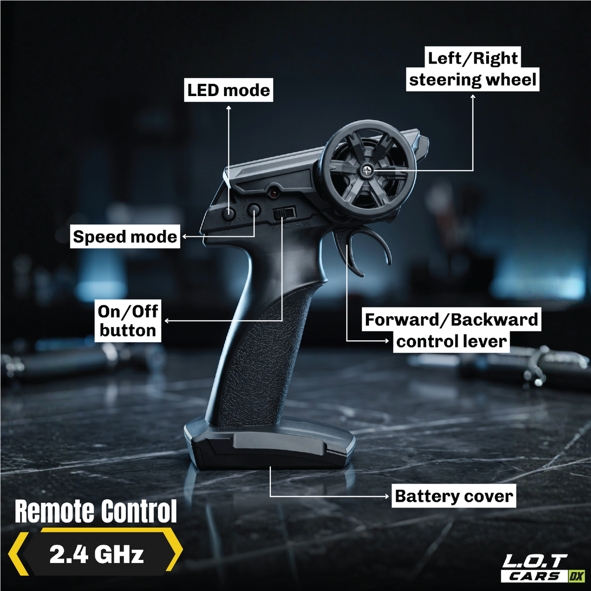 Vortex's 2.4GHz remote with labelled controls: LED mode, speed mode, on/off, steering wheel and forward/backward lever