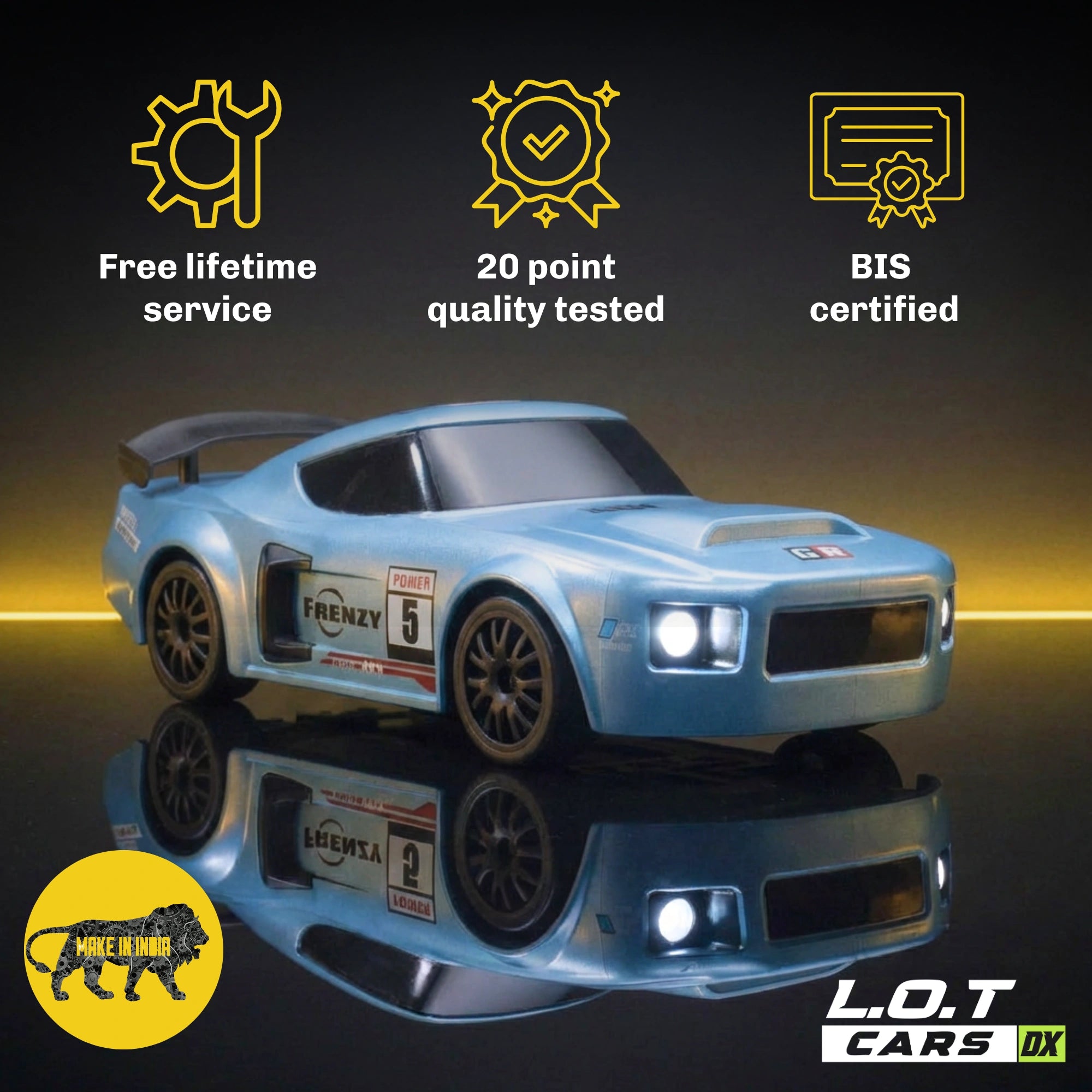 Blue RC car with certification icons and 'L.O.T Cars' branding on a dark background
