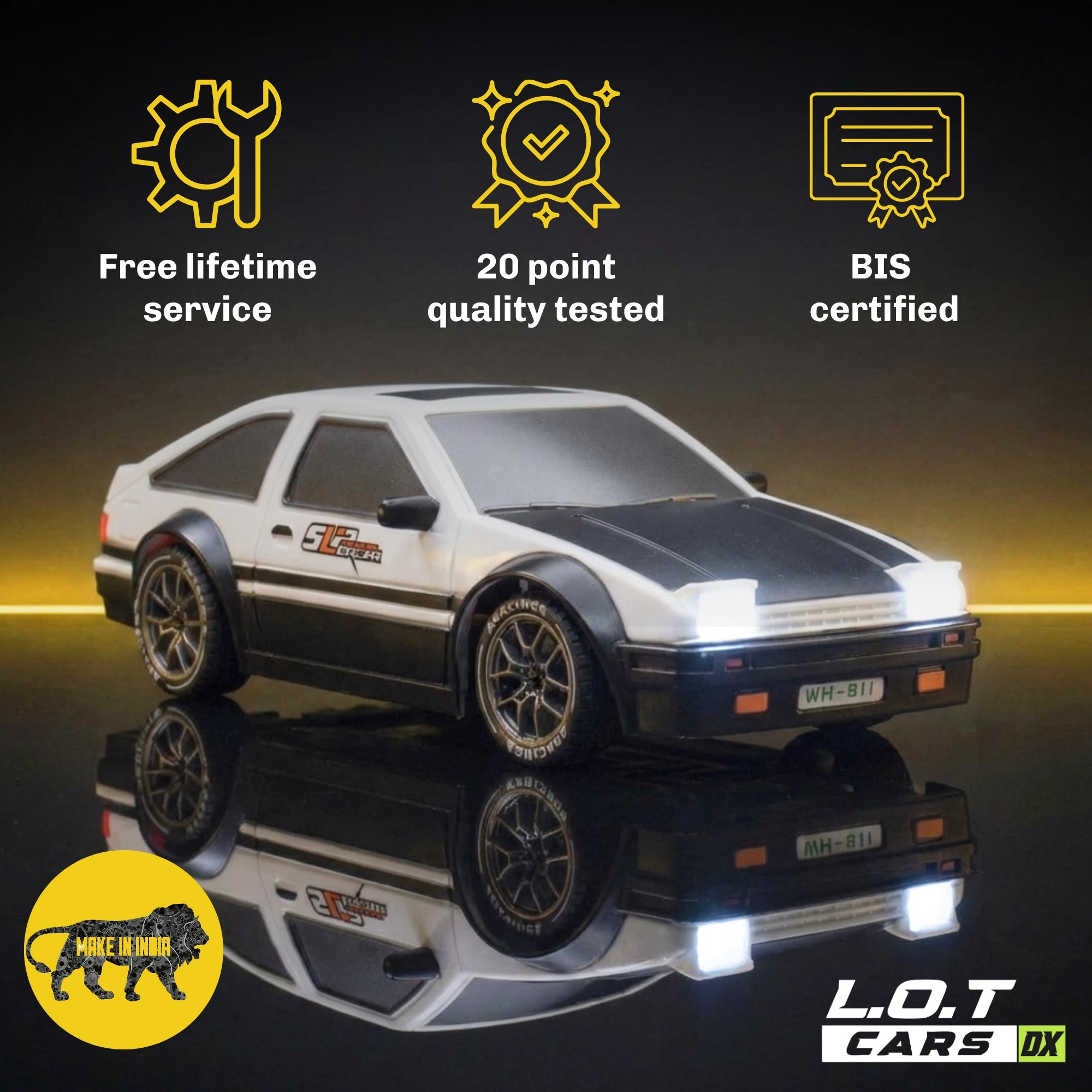 RC car on a reflective surface with certification icons and text on a dark background