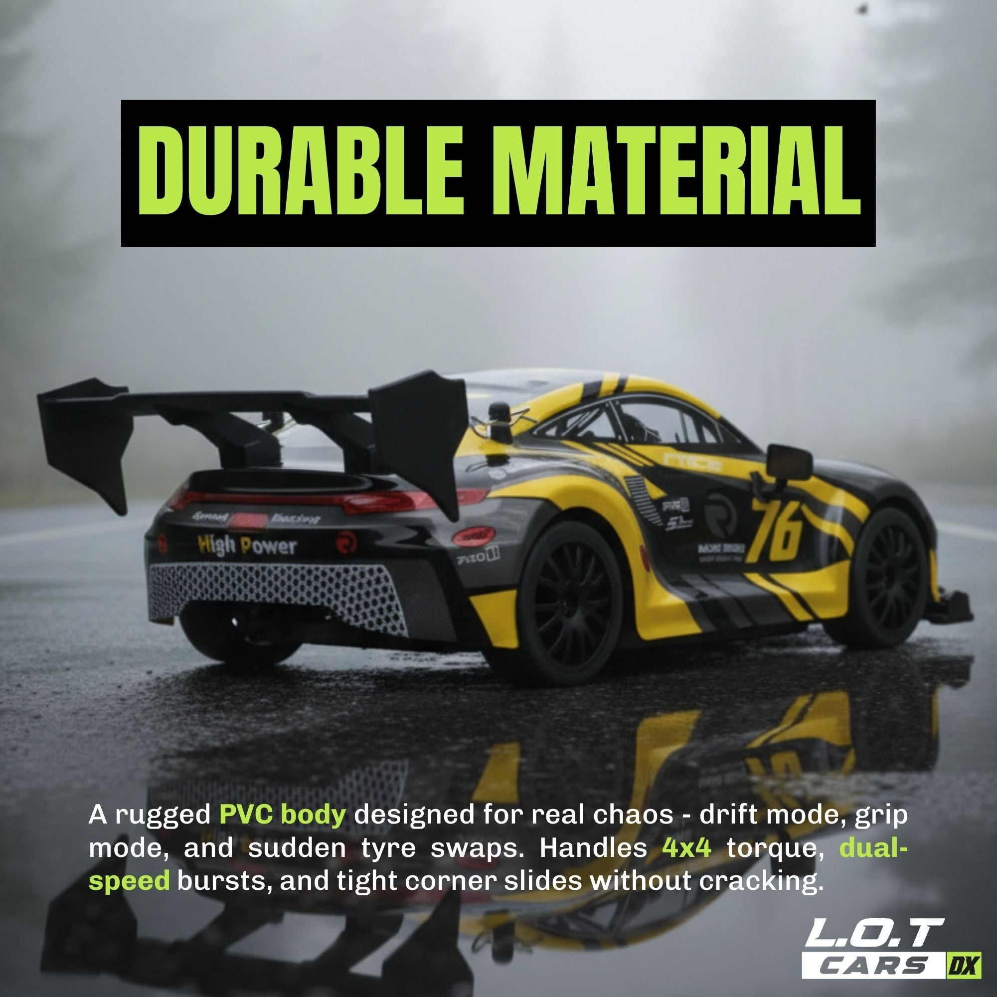 Yellow and black RC race car on a reflective surface with 'Durable Material' text above.