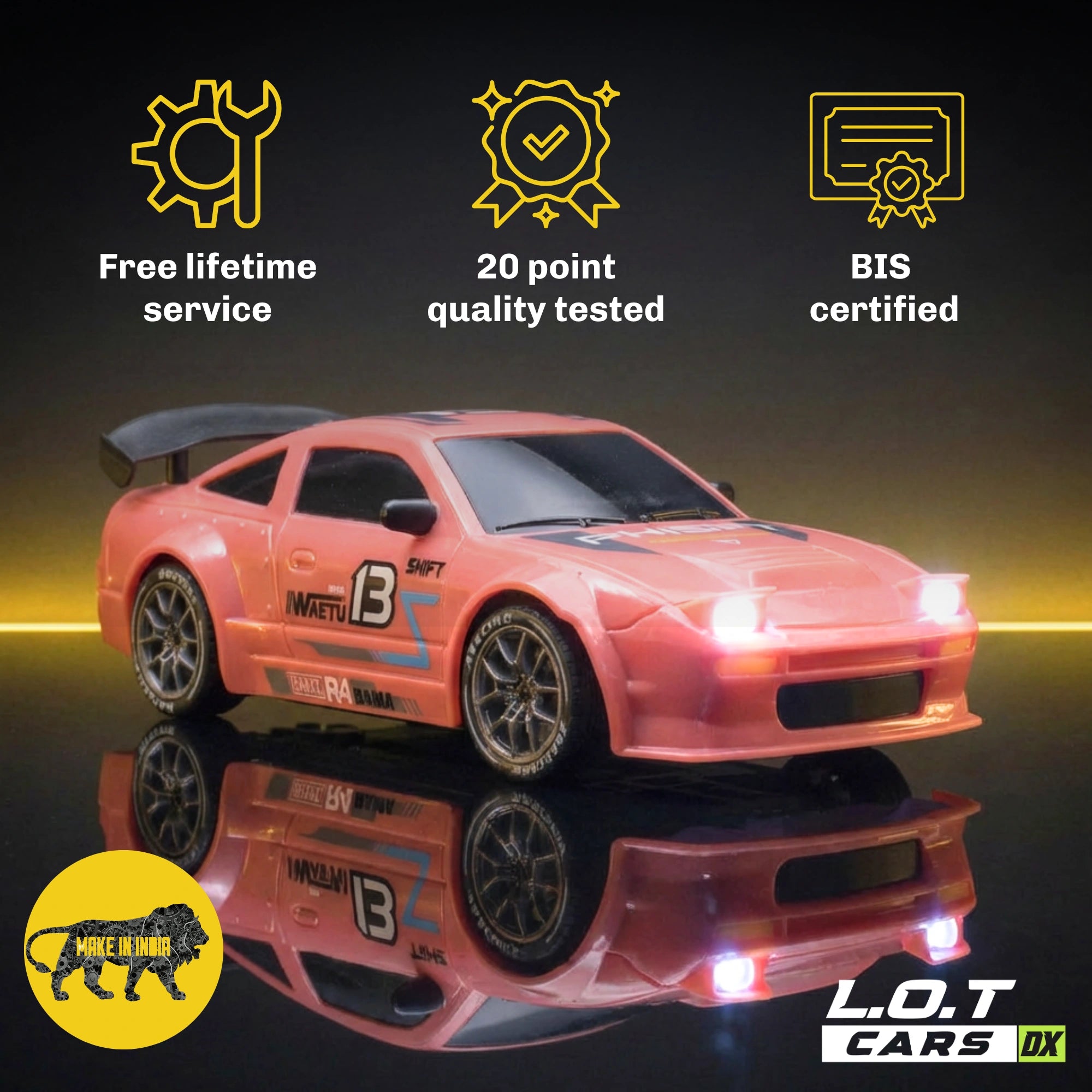 Pink RC car with certification icons and 'L.O.T Cars' branding on a reflective surface.