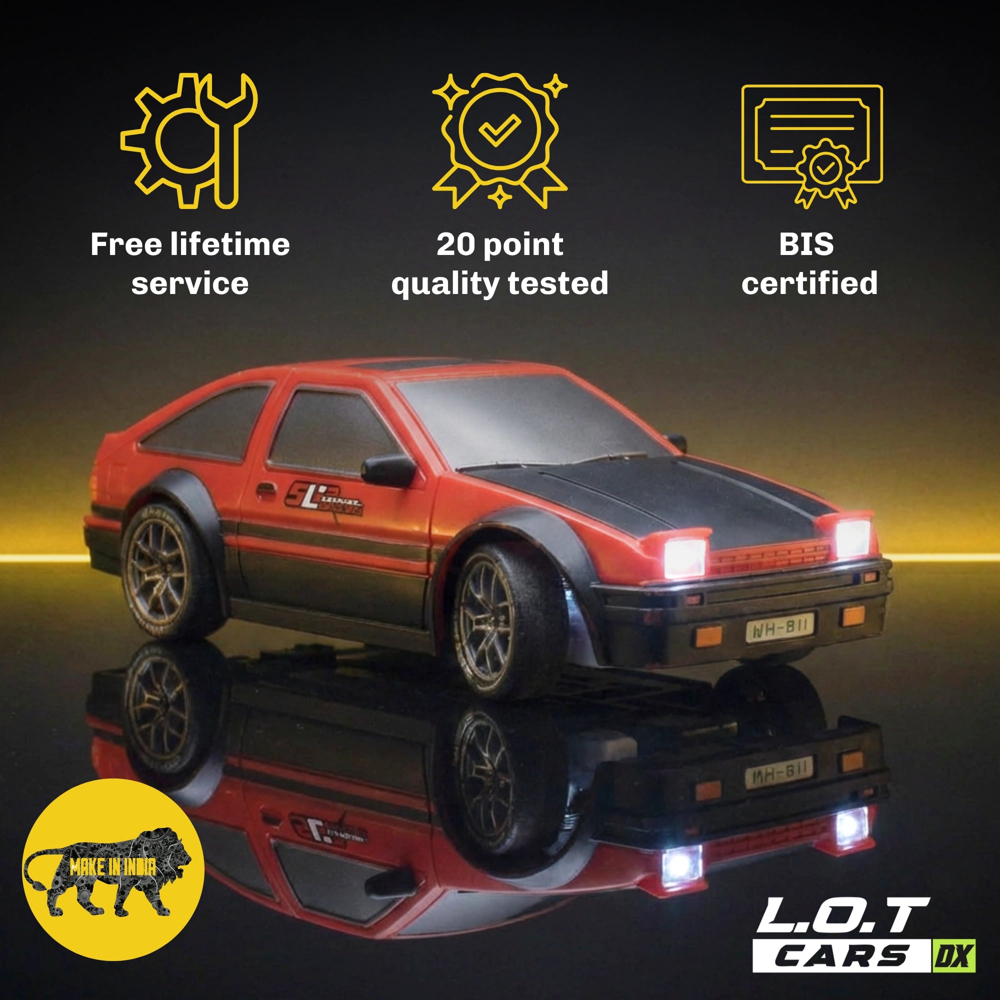 RC car with certification icons and 'L.O.T Cars' branding on a reflective surface.