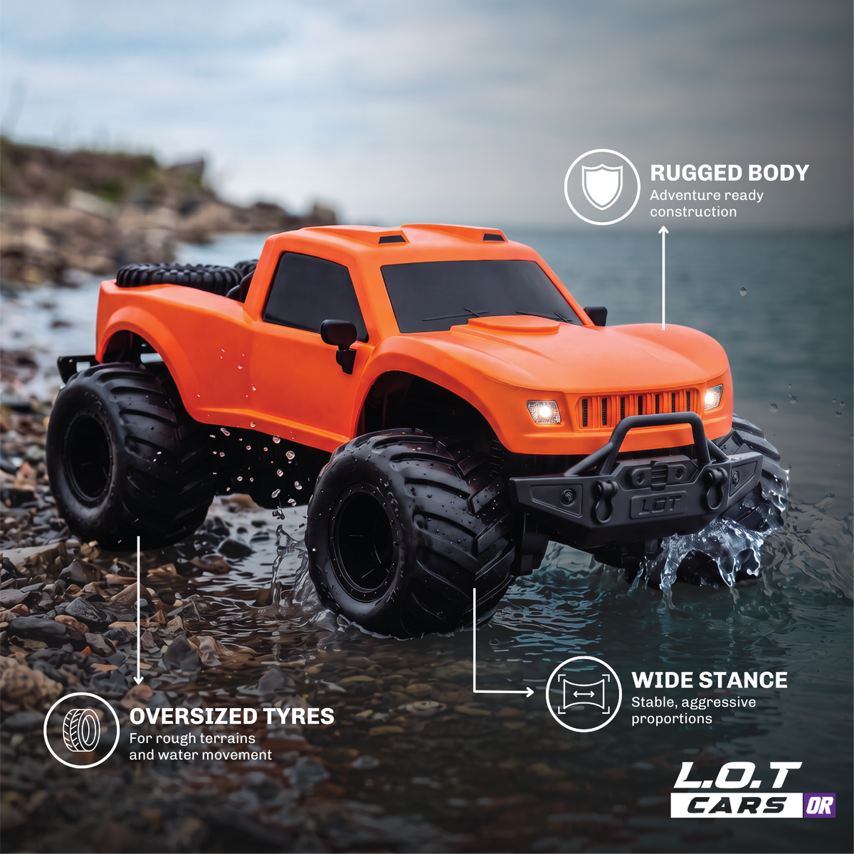 The orange Gator on a rocky shore, with callouts for its rugged body, oversized tyres and wide stance