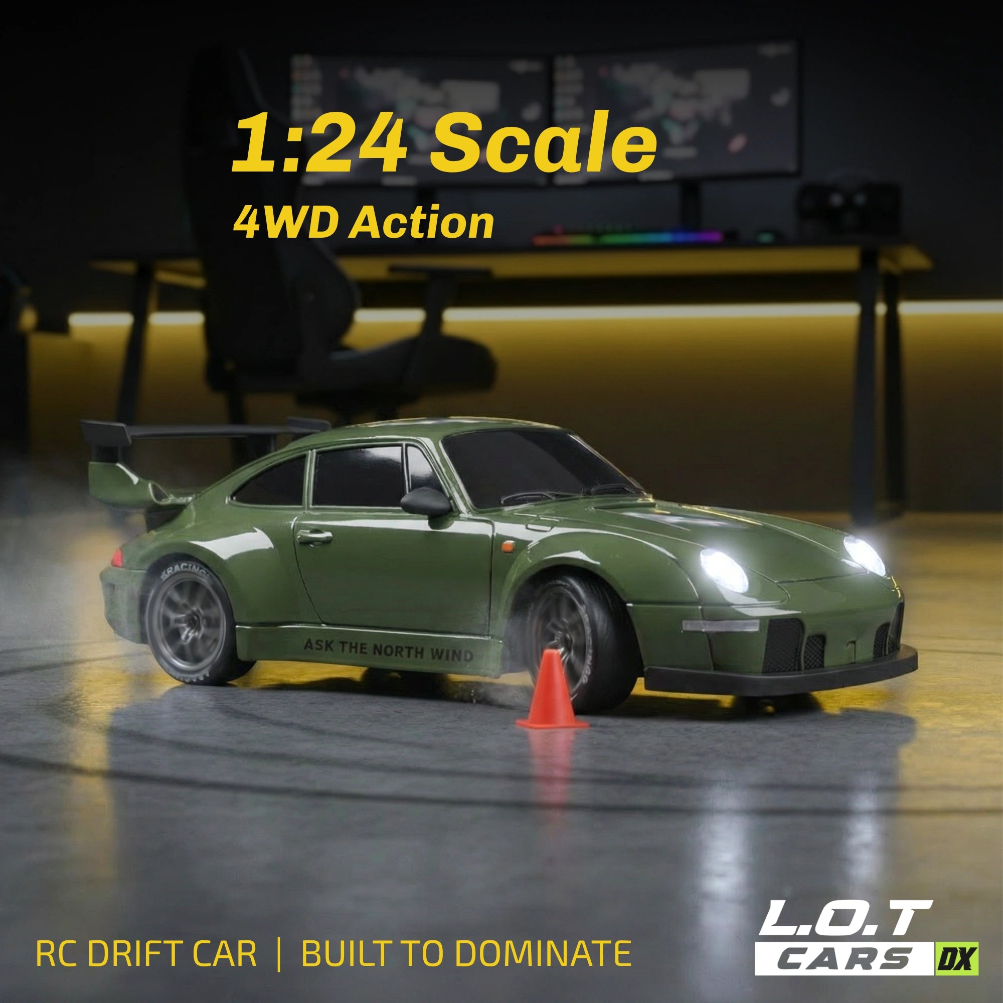 Green RC car with 4WD action on a track, featuring L.O.T Cars branding.