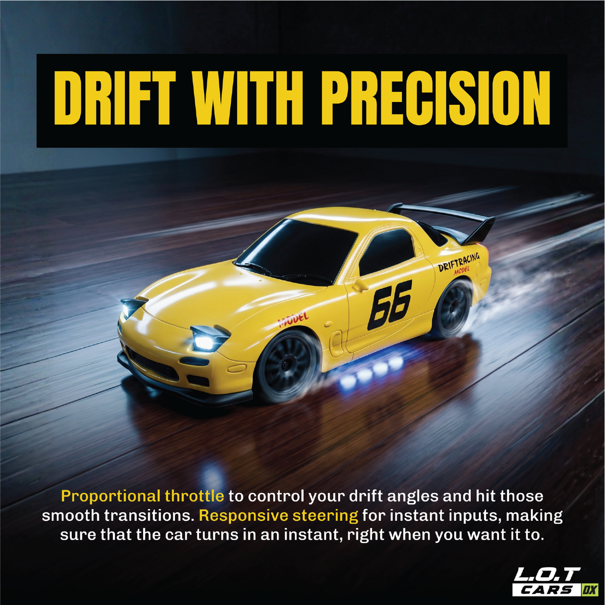 Drift with precision: the yellow Vortex sliding on a wooden floor with its underglow lit