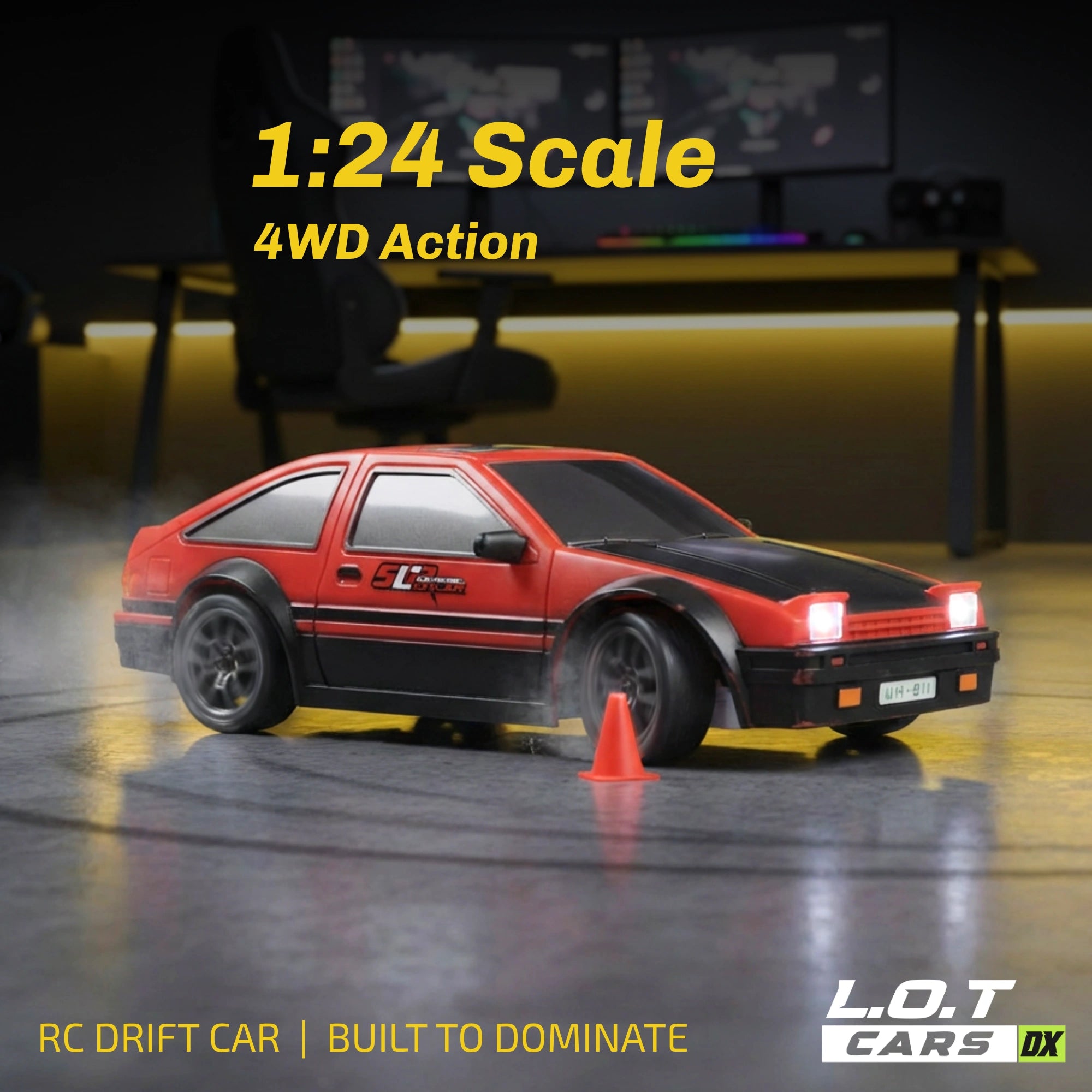 Red and black RC car on a track with '1:24 Scale 4WD Action' text.