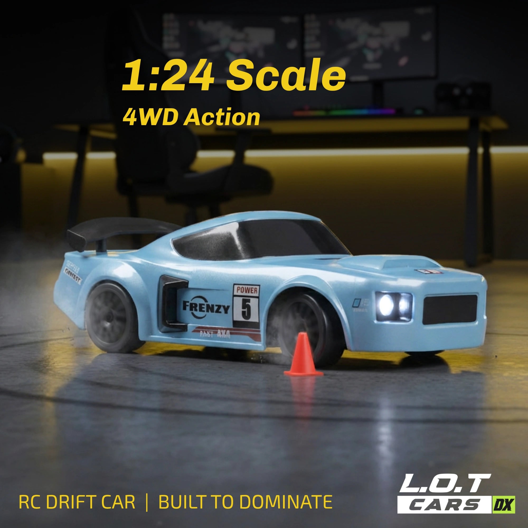 Light blue RC drift car with 'Frenzy 5' on a dark background, featuring text about scale and action.