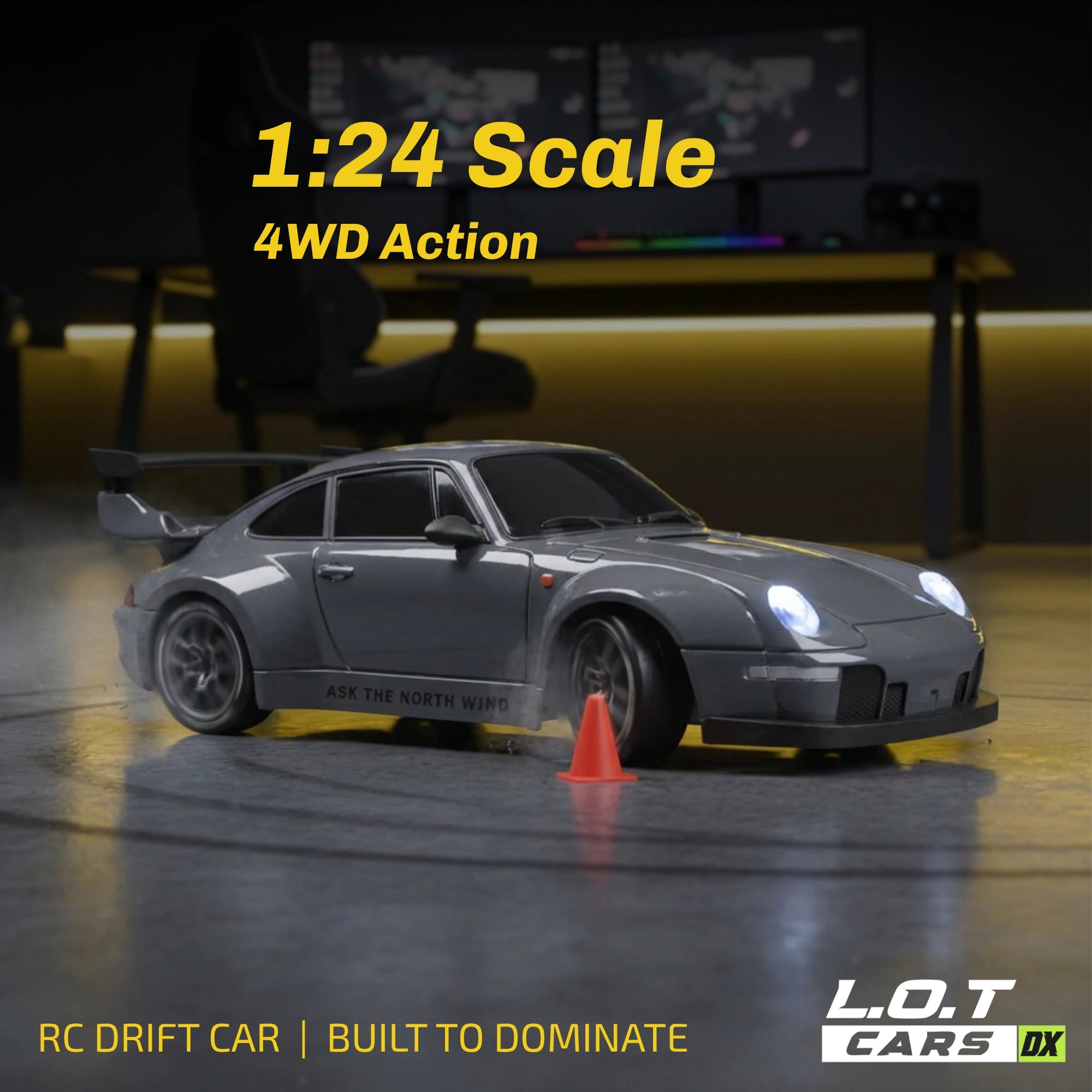 RC drift car with '1:24 Scale 4WD Action' text on a dark background