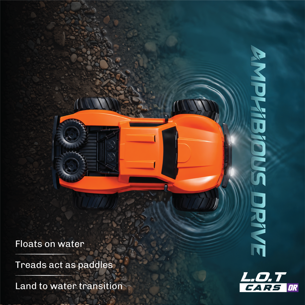 Top-down view of the orange Gator in the water, its treads working as paddles between land and water