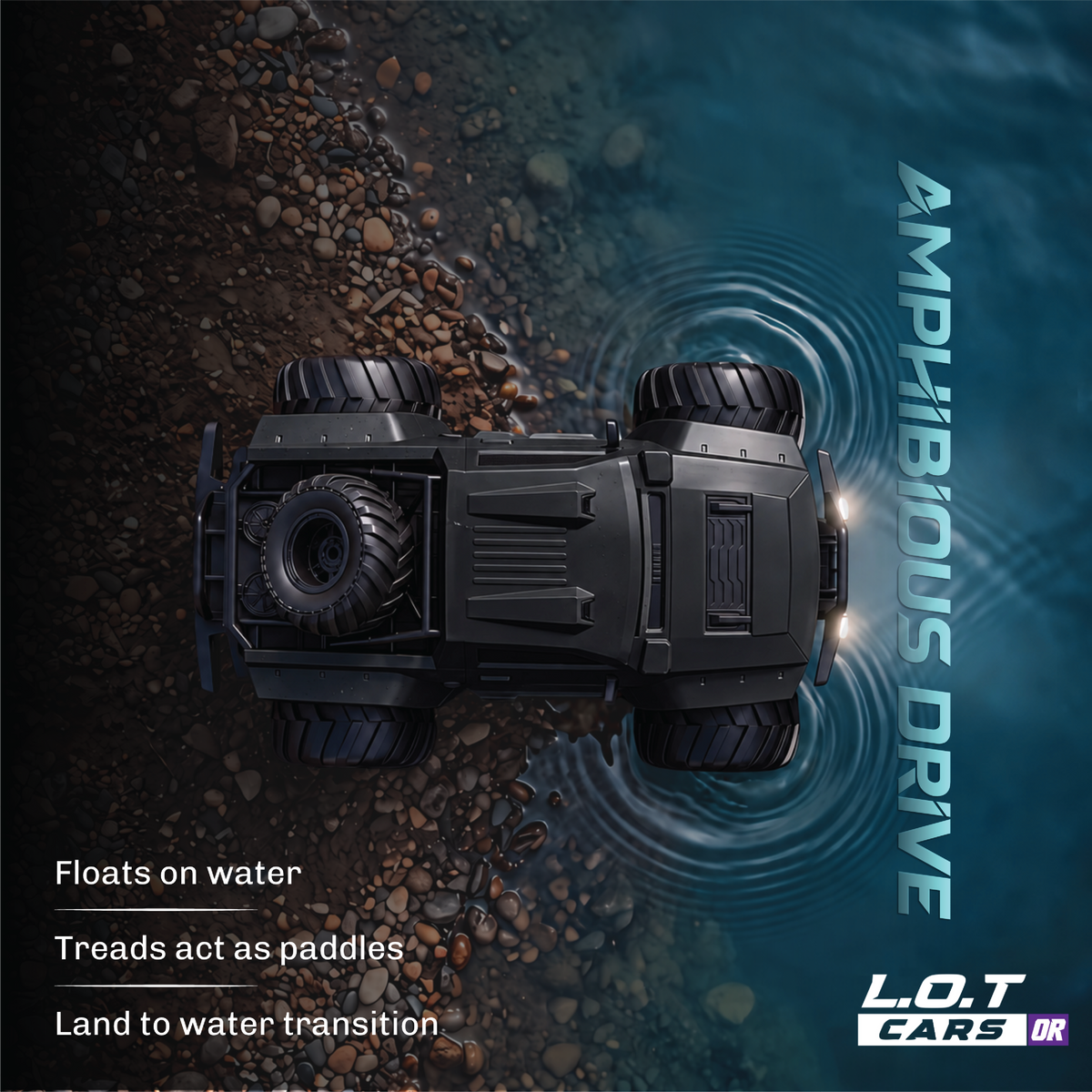 Top-down view of the black Gator in the water, its treads working as paddles between land and water