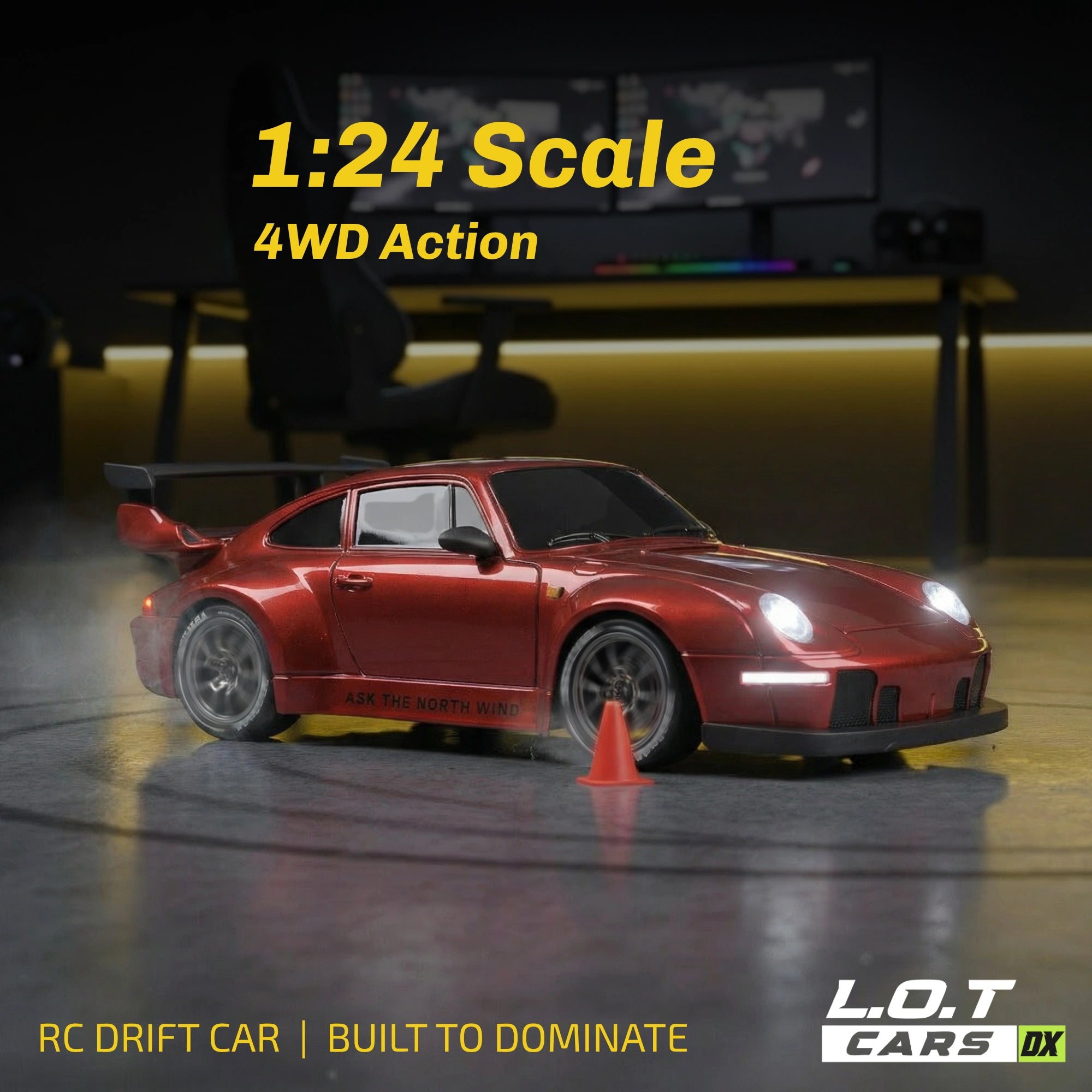 Red RC car with 4WD action on a dark background, featuring 'L.O.T Cars' branding.