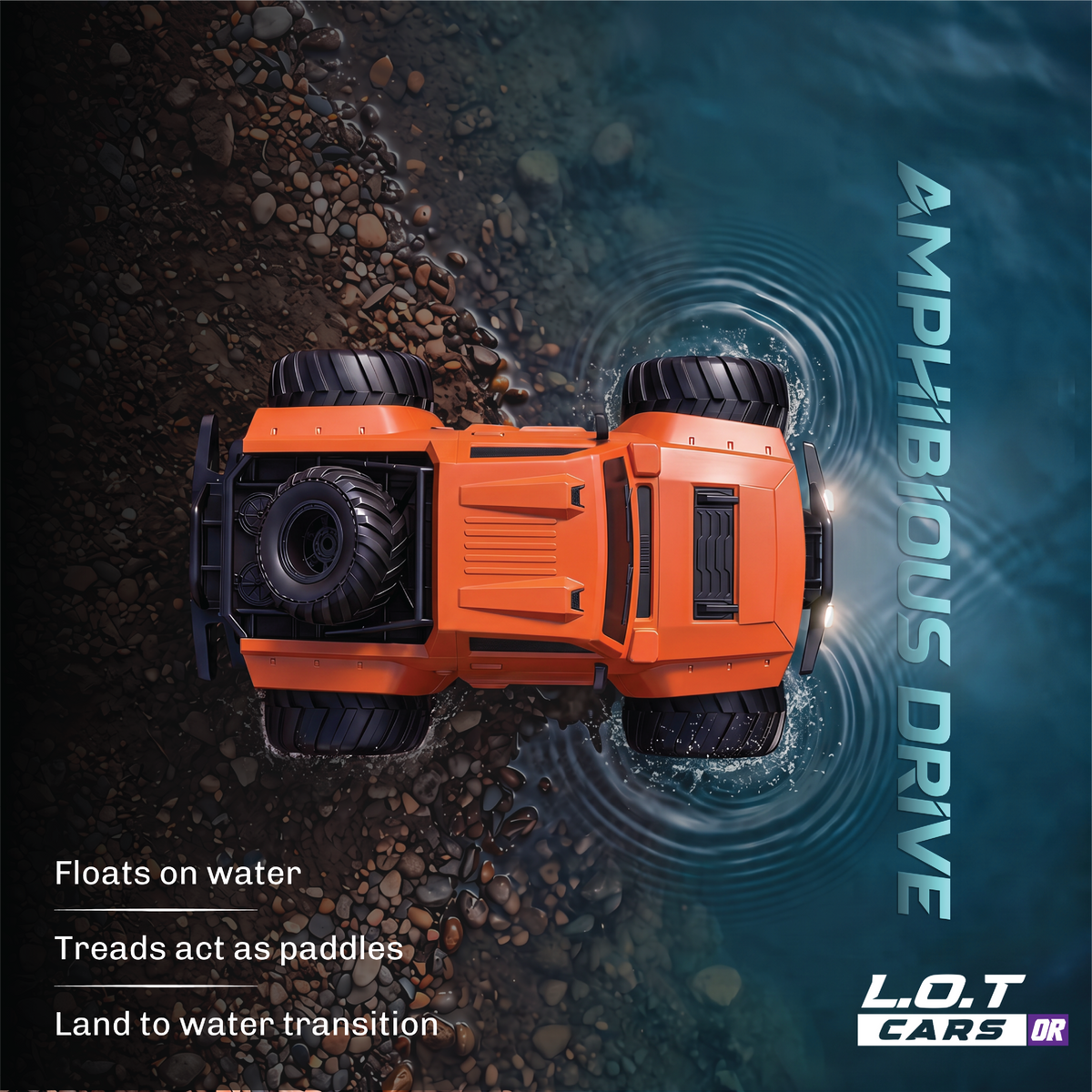 Top-down view of the orange Gator in the water, its treads working as paddles between land and water