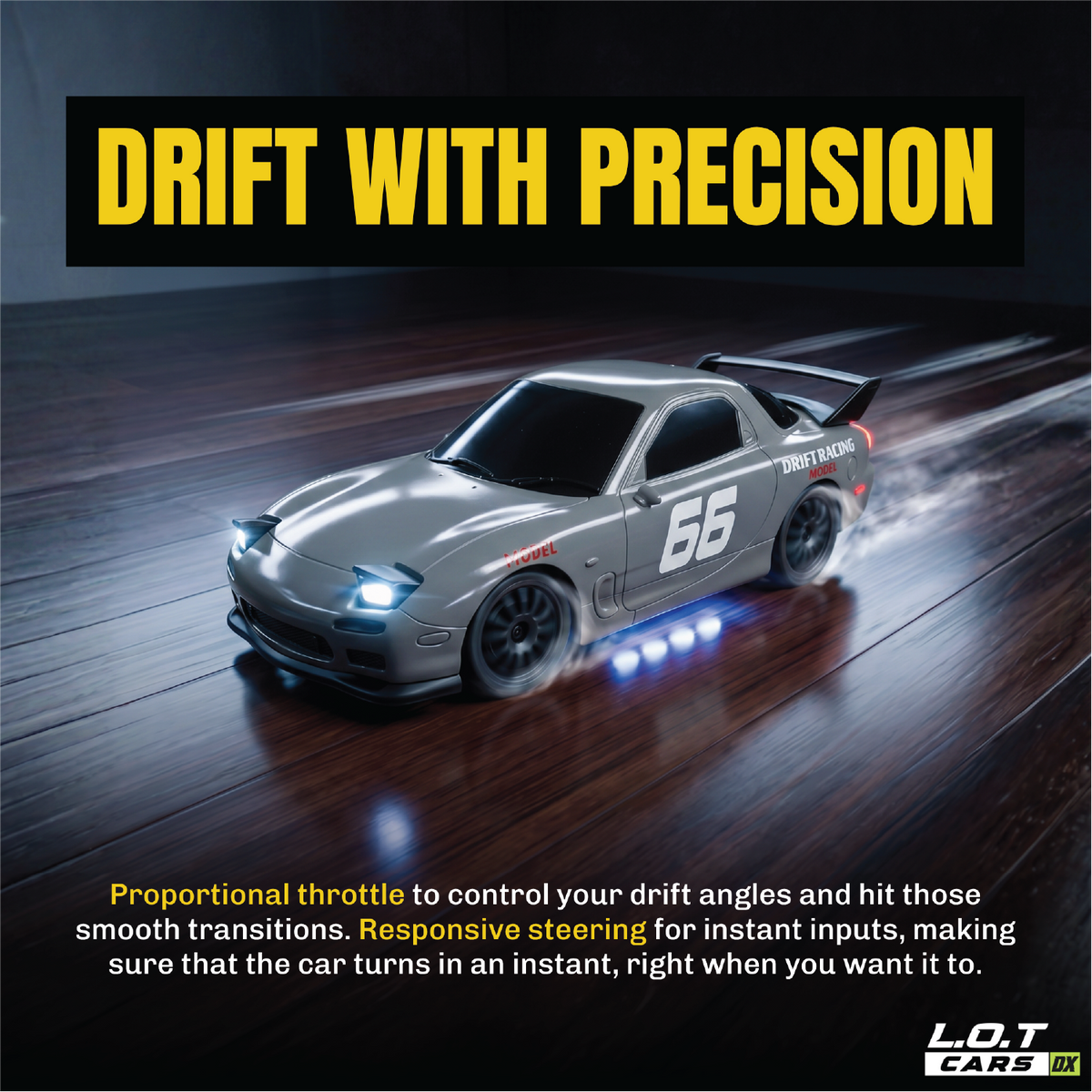 Drift with precision: the grey Vortex sliding on a wooden floor with its underglow lit