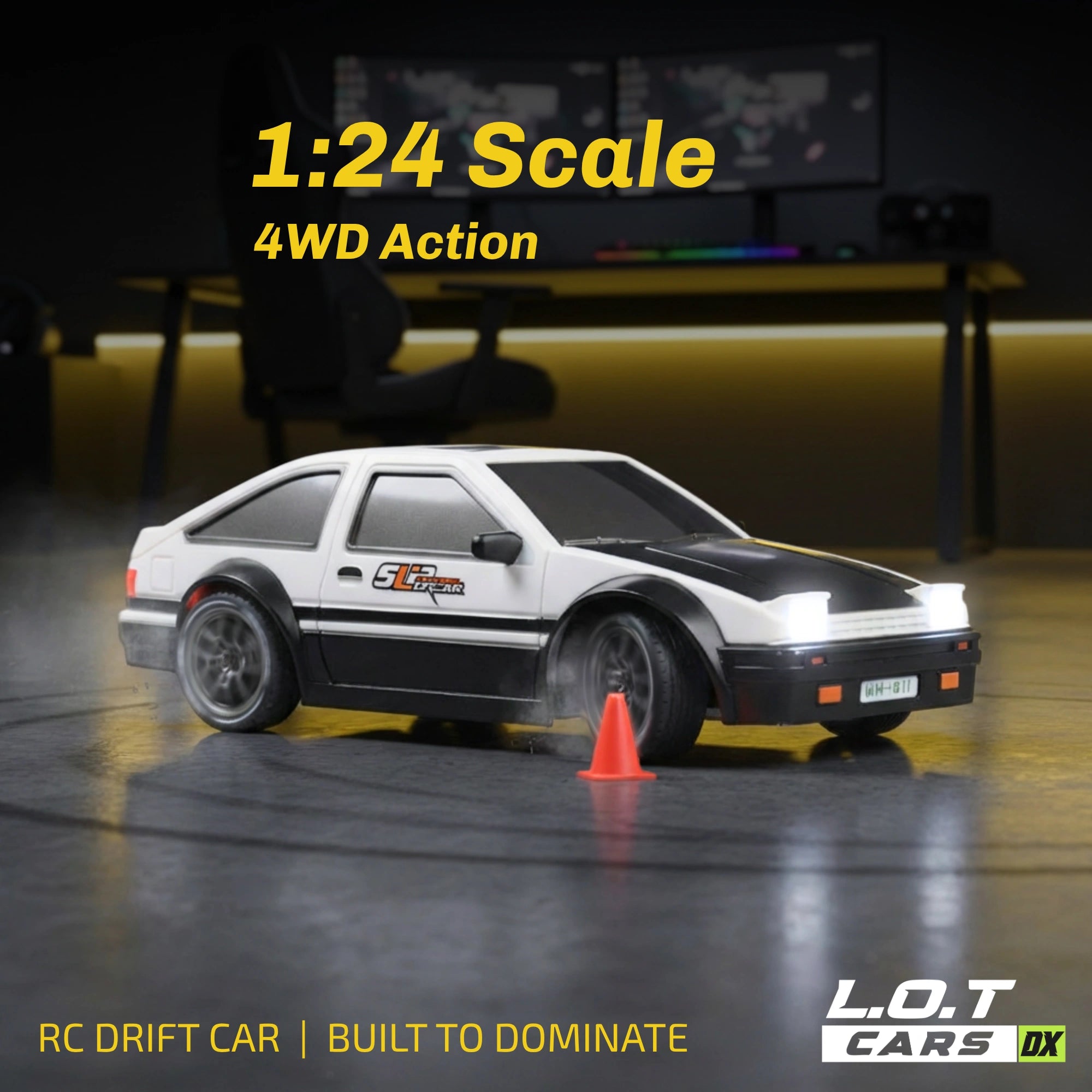 RC drift car with '1:24 Scale 4WD Action' text on a dark background
