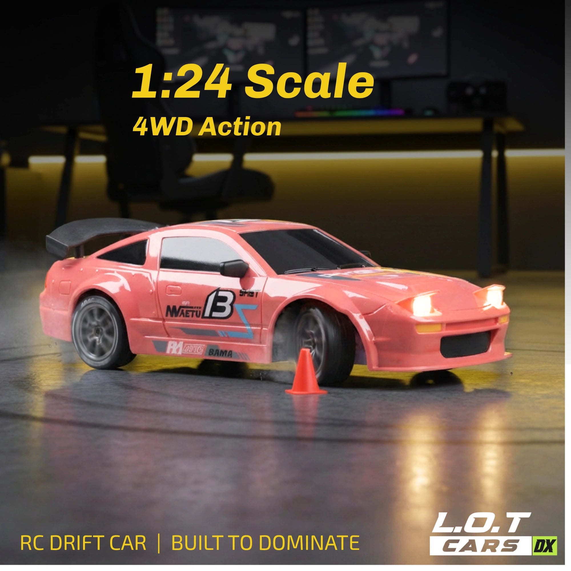 Pink RC drift car with '1:24 Scale 4WD Action' text on a dark background