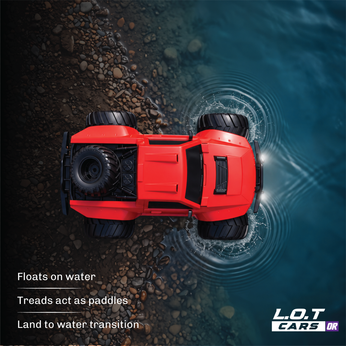 Top-down view of the red Gator in the water, its treads working as paddles between land and water