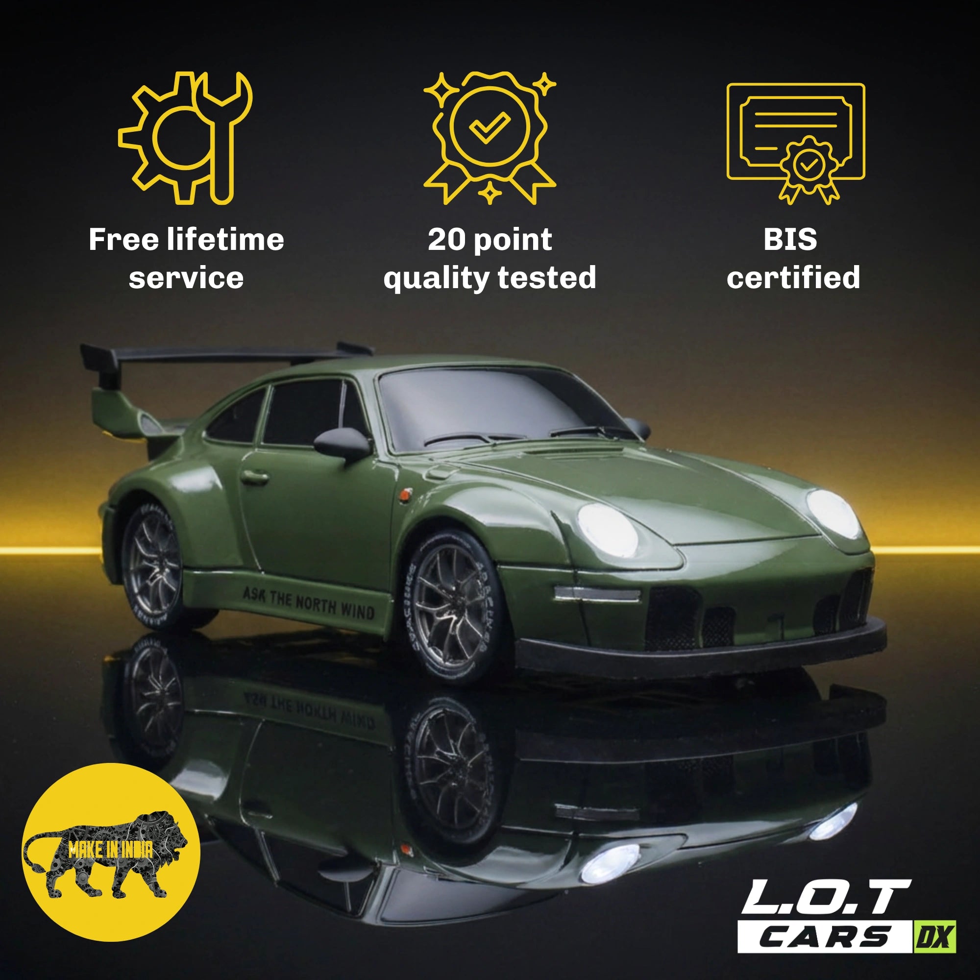 Green RC car with certification icons and text on a reflective surface