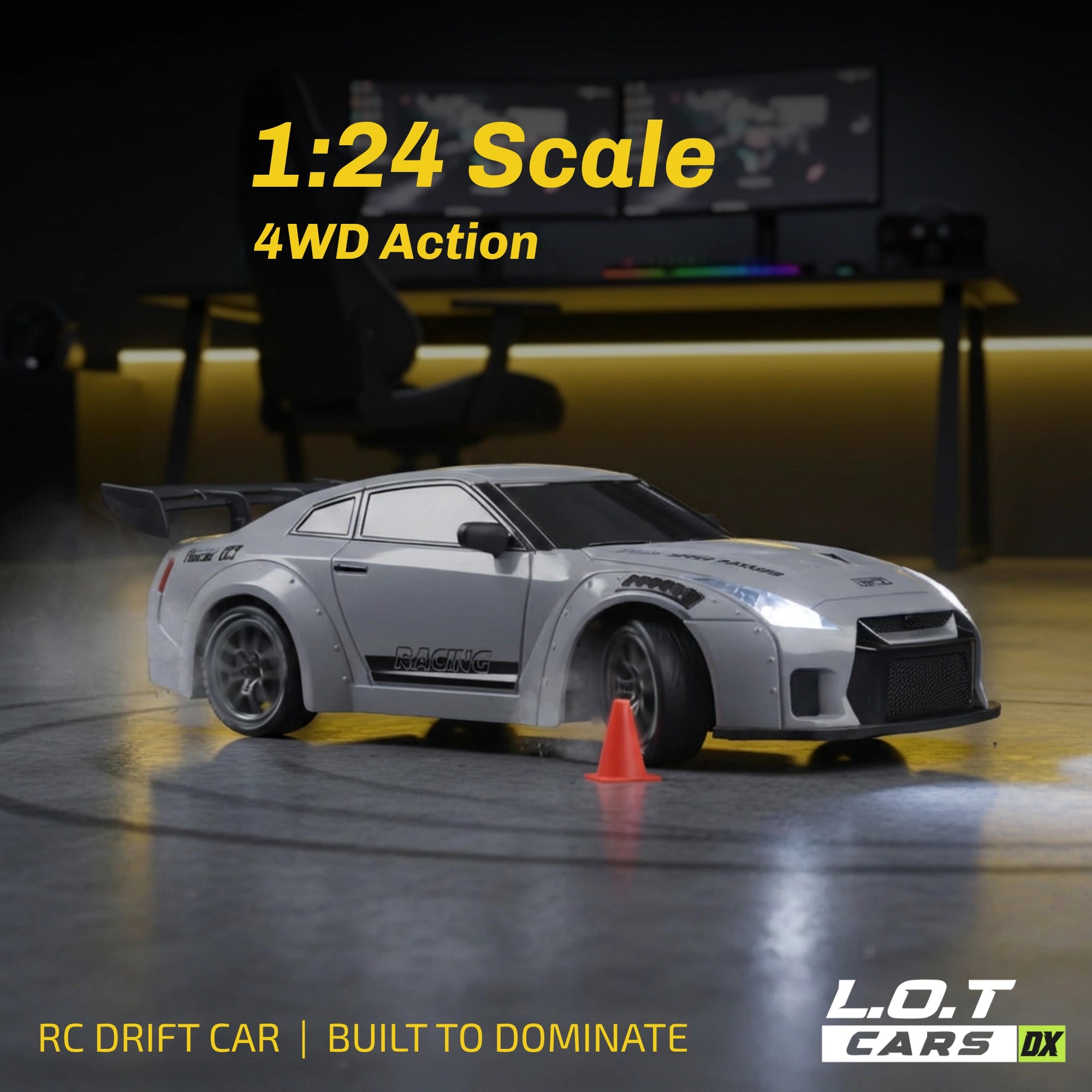 RC drift car on a track with '1:24 Scale 4WD Action' text and 'L.O.T Cars DX' branding.