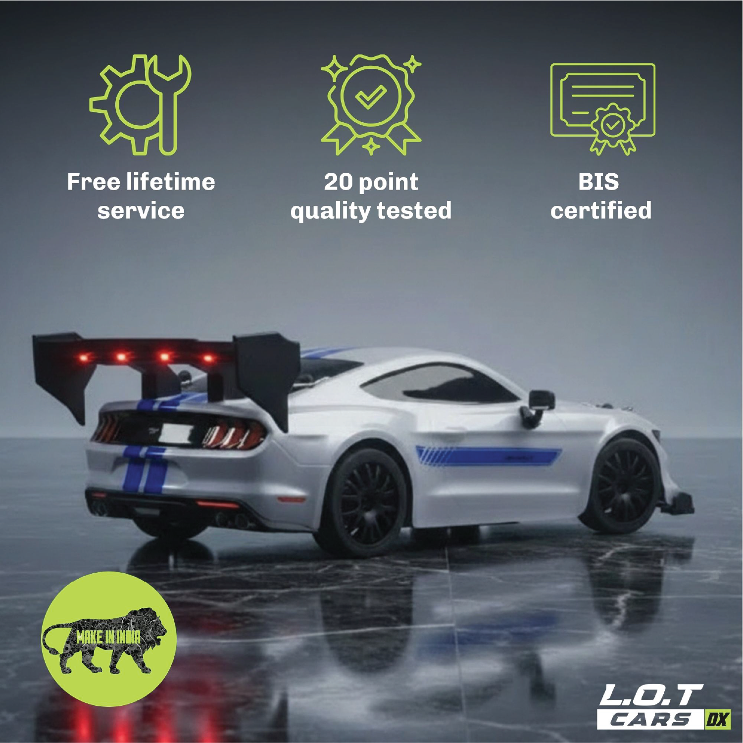 White RC car with certification logos and text on a dark background