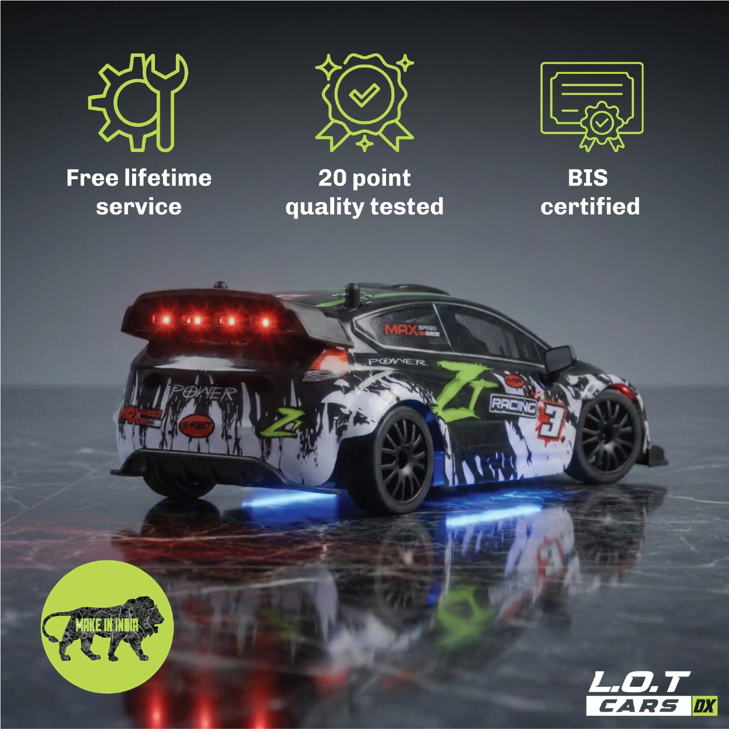 RC race car with certification icons and L.O.T Cars DX branding on a reflective surface.