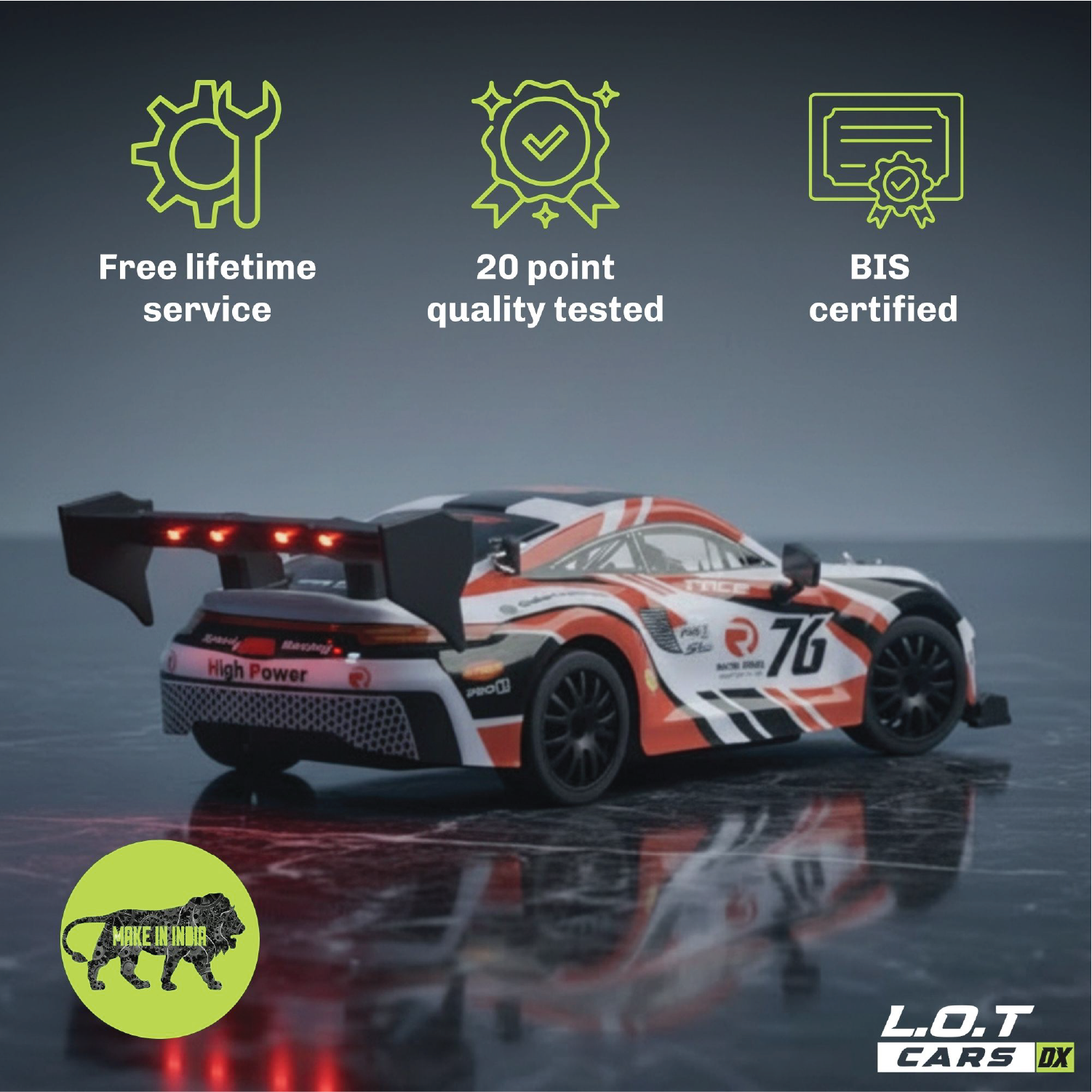 RC car with certification icons and 'L.O.T Cars' branding on a reflective surface.