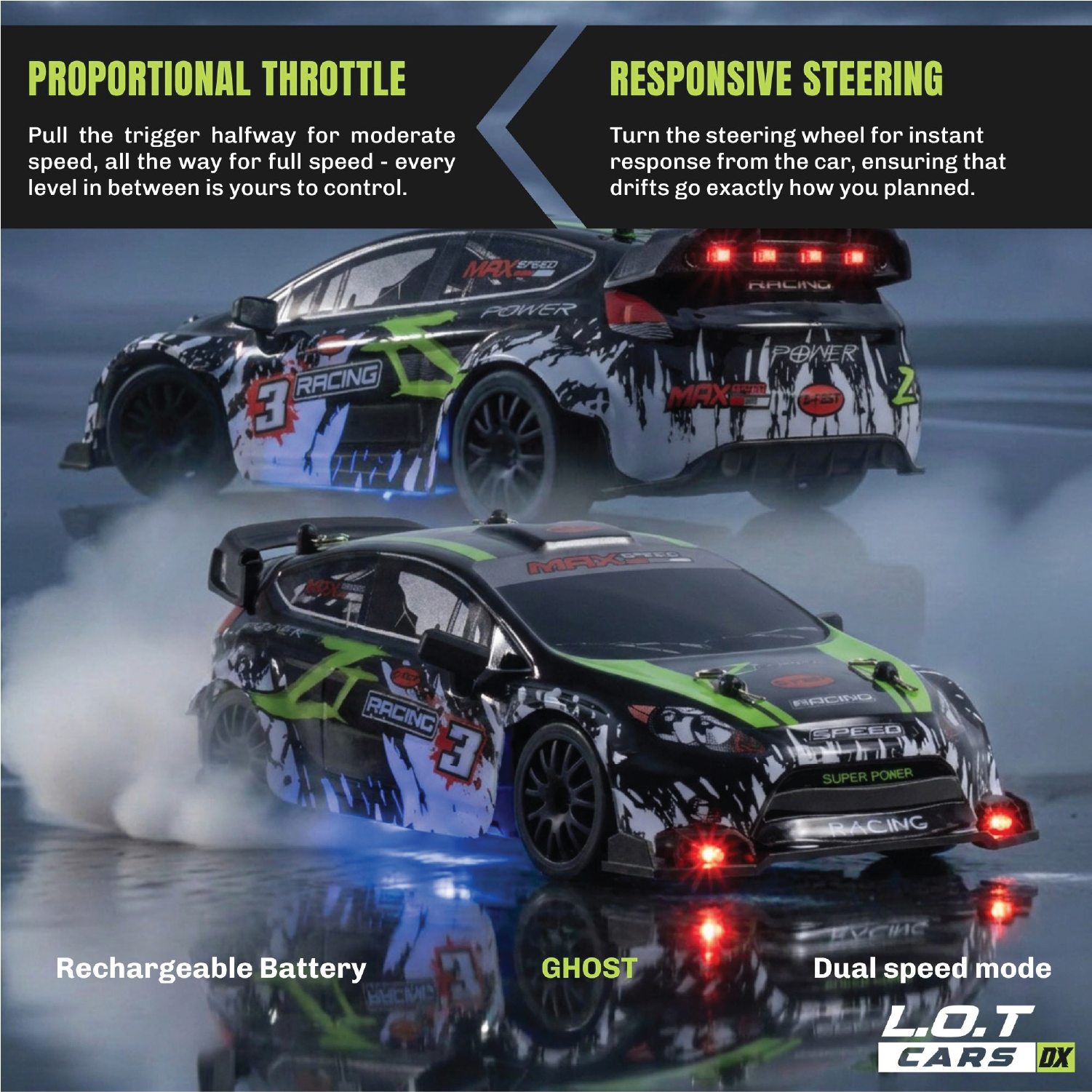 Two RC cars with features highlighted on a dark background