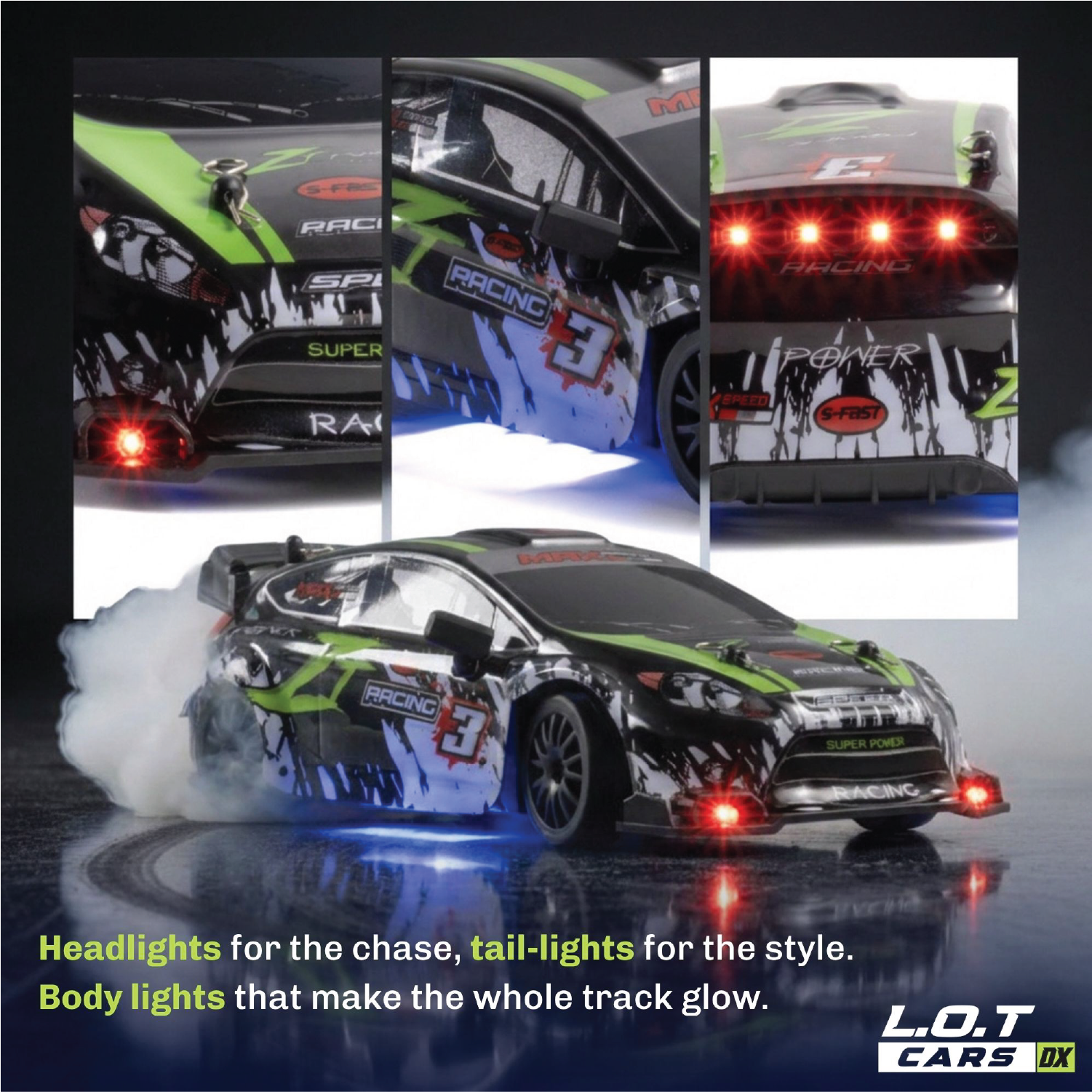 RC car with various lights on a reflective surface, featuring the L.O.T Cars DX brand.