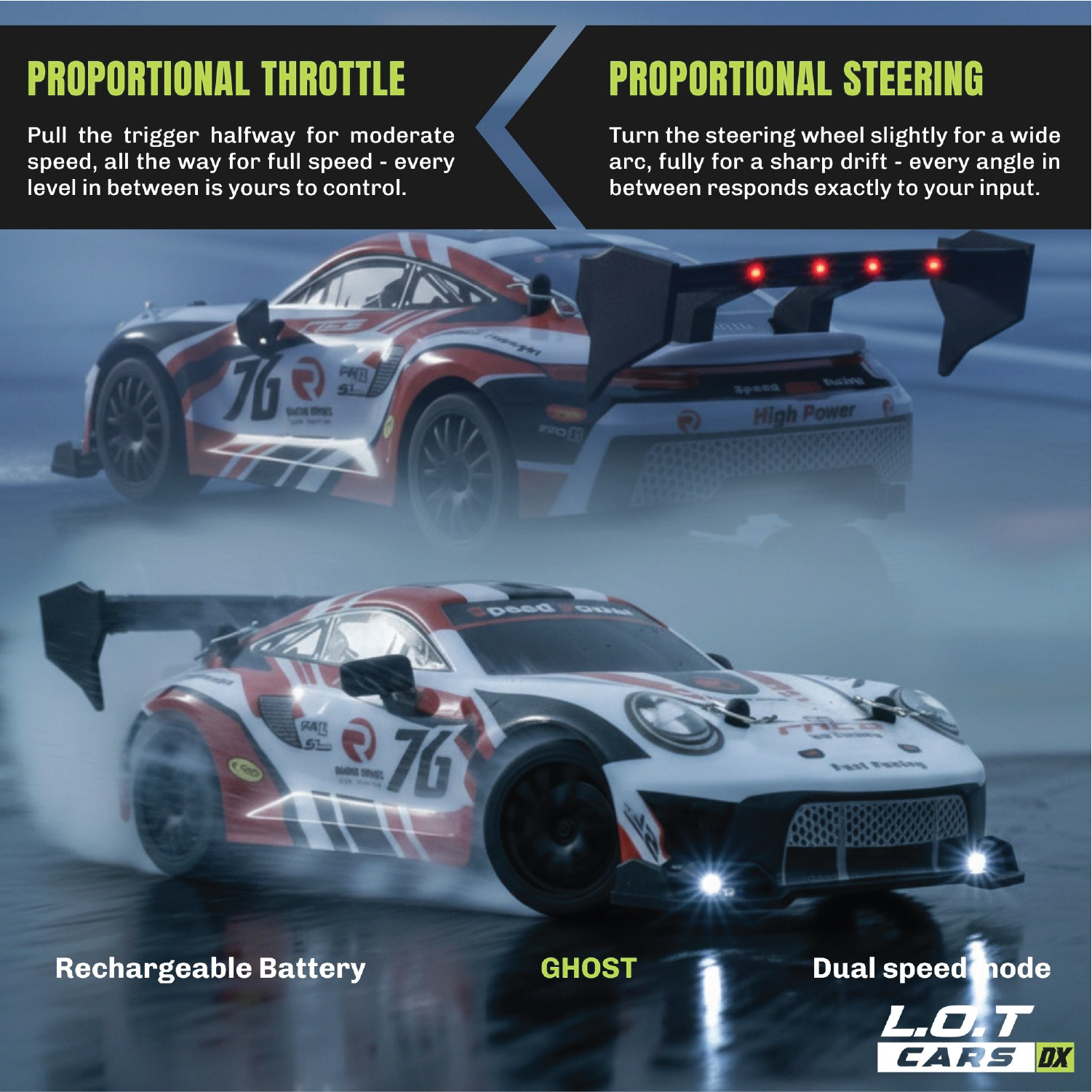 RC car with features highlighted on a blue gradient background