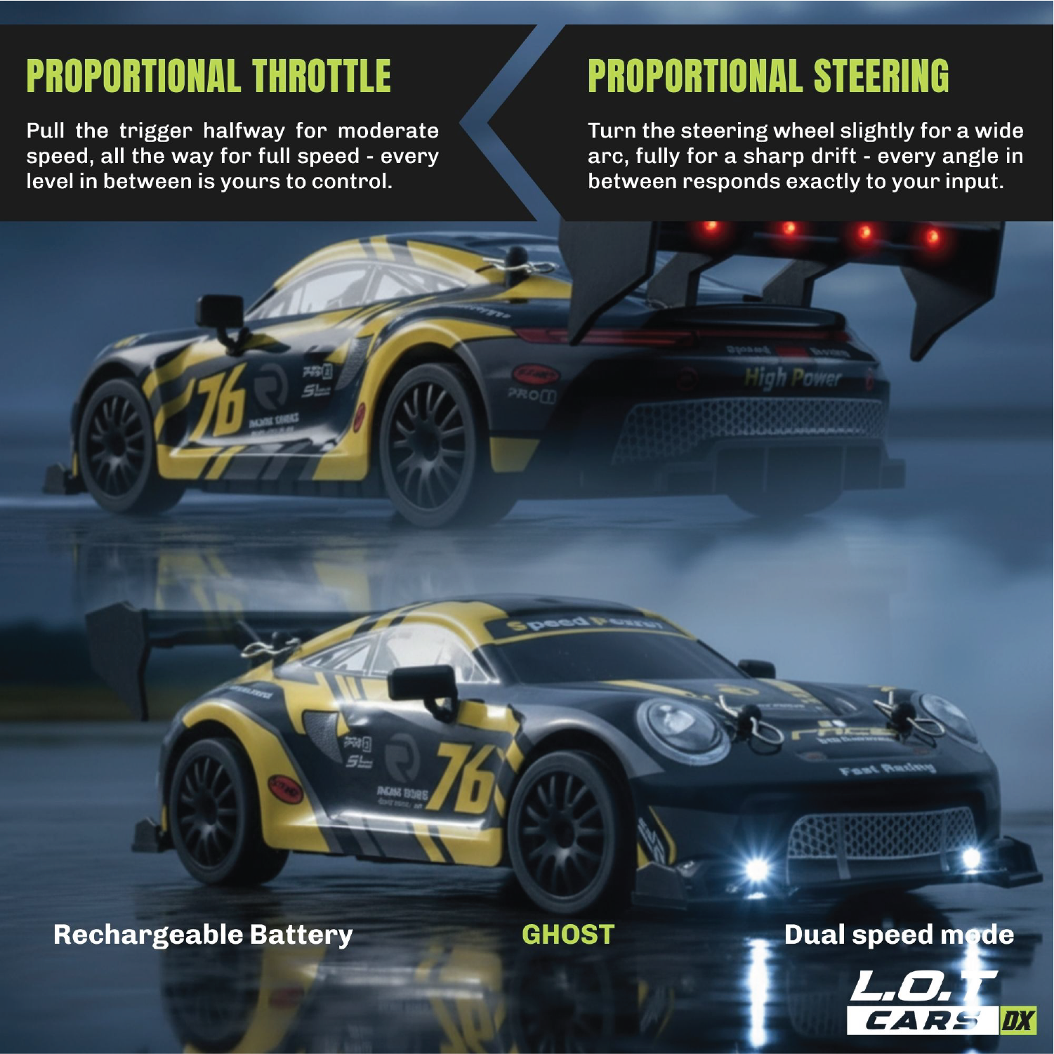 RC car with control instructions on a dark background