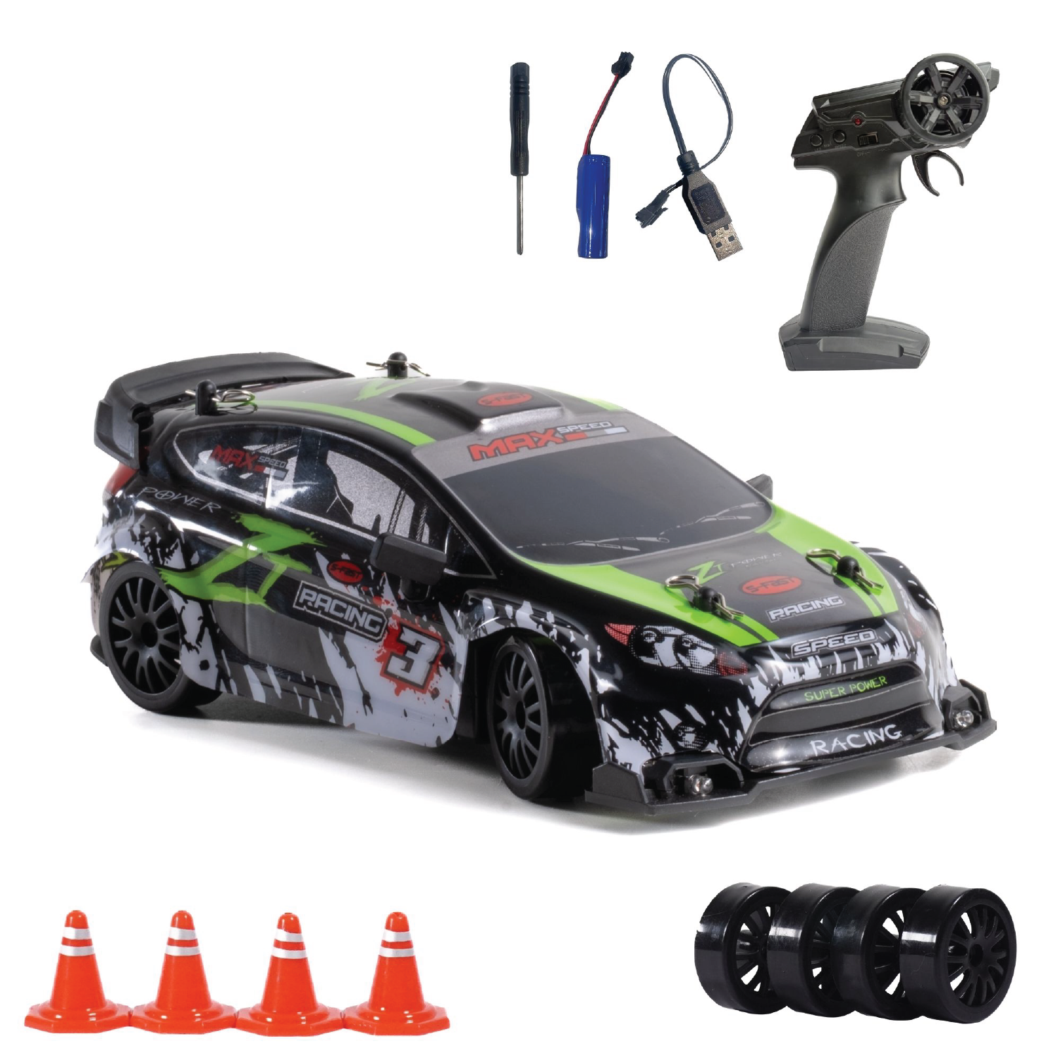RC car with accessories on a white background