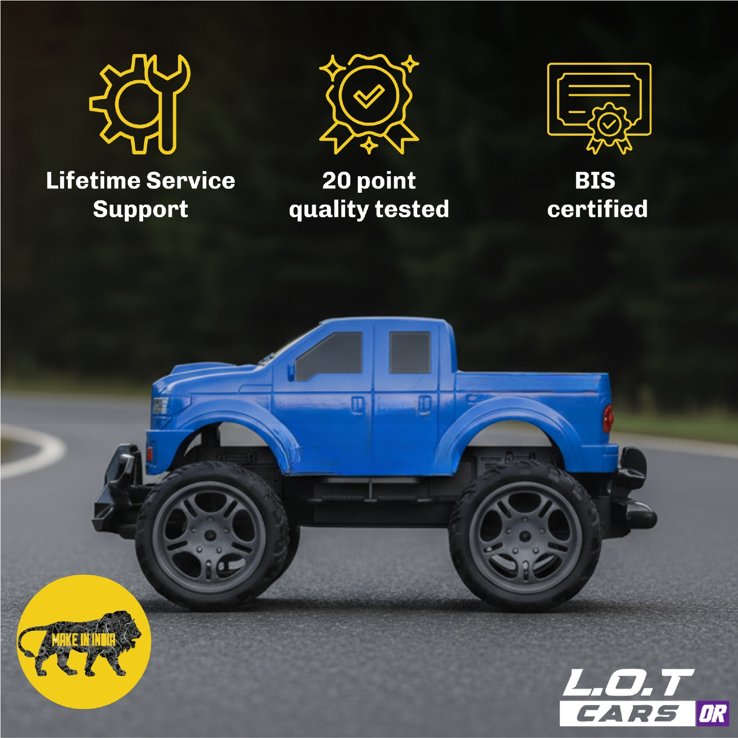Blue Knox RC pickup truck above badges for lifetime service support, 20-point testing and BIS certification