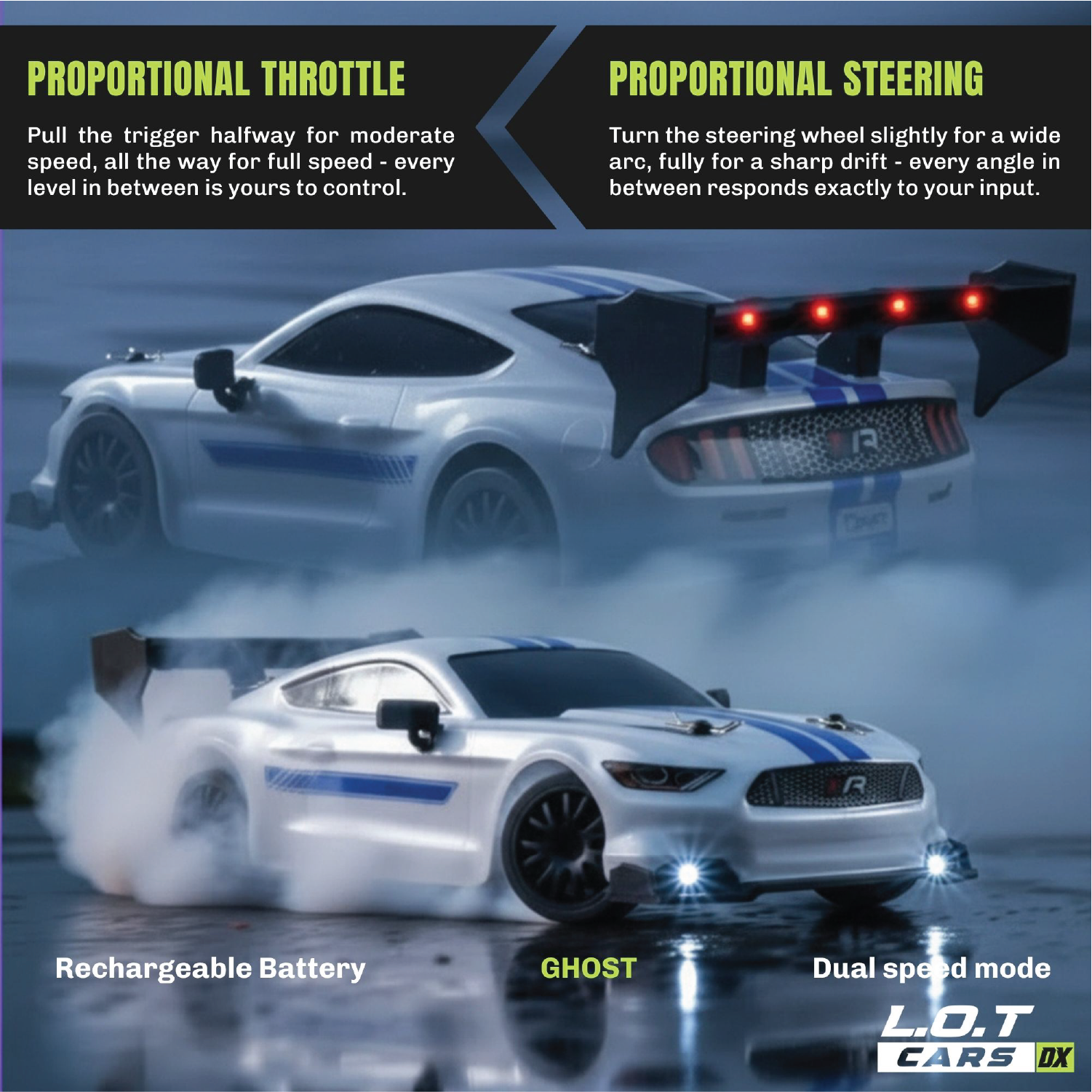 White RC car with blue stripes on a dark background, featuring text about proportional throttle and steering.