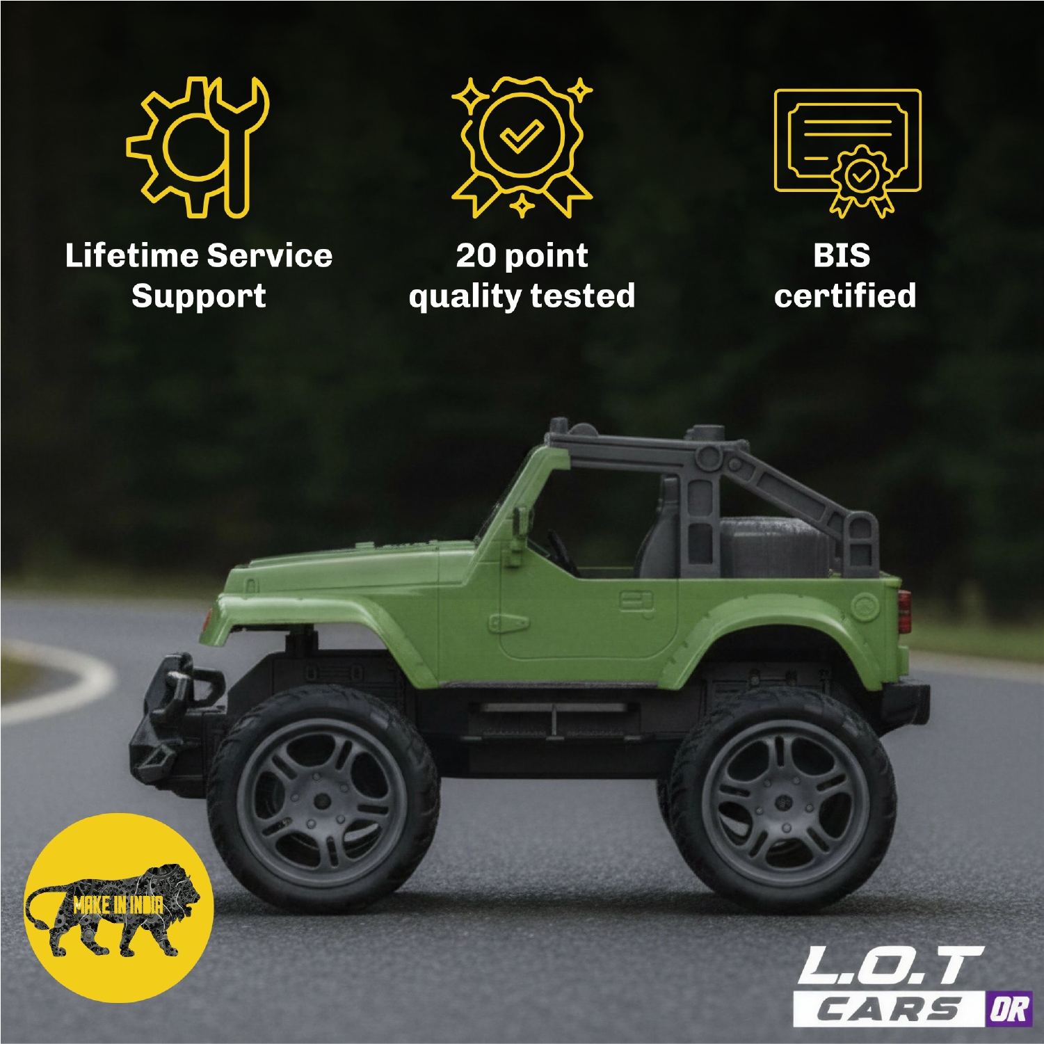 Green Knox off-road truck on tarmac above badges for lifetime service support, 20-point testing and BIS certification
