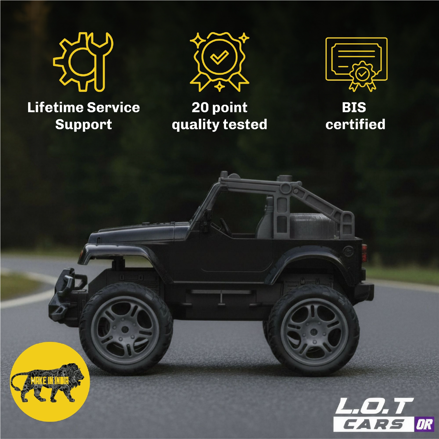 Black open-top Knox off-road truck above badges for lifetime service support, 20-point testing and BIS certification