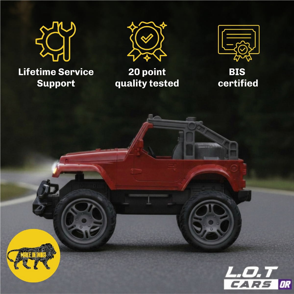 Red open-top Knox off-road truck above badges for lifetime service support, 20-point testing and BIS certification