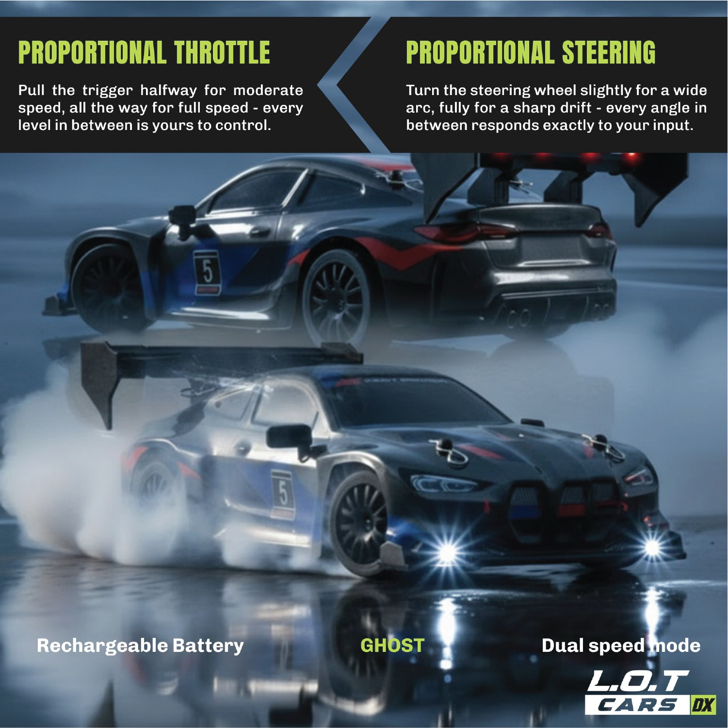 Two RC cars with features highlighted on a dark background