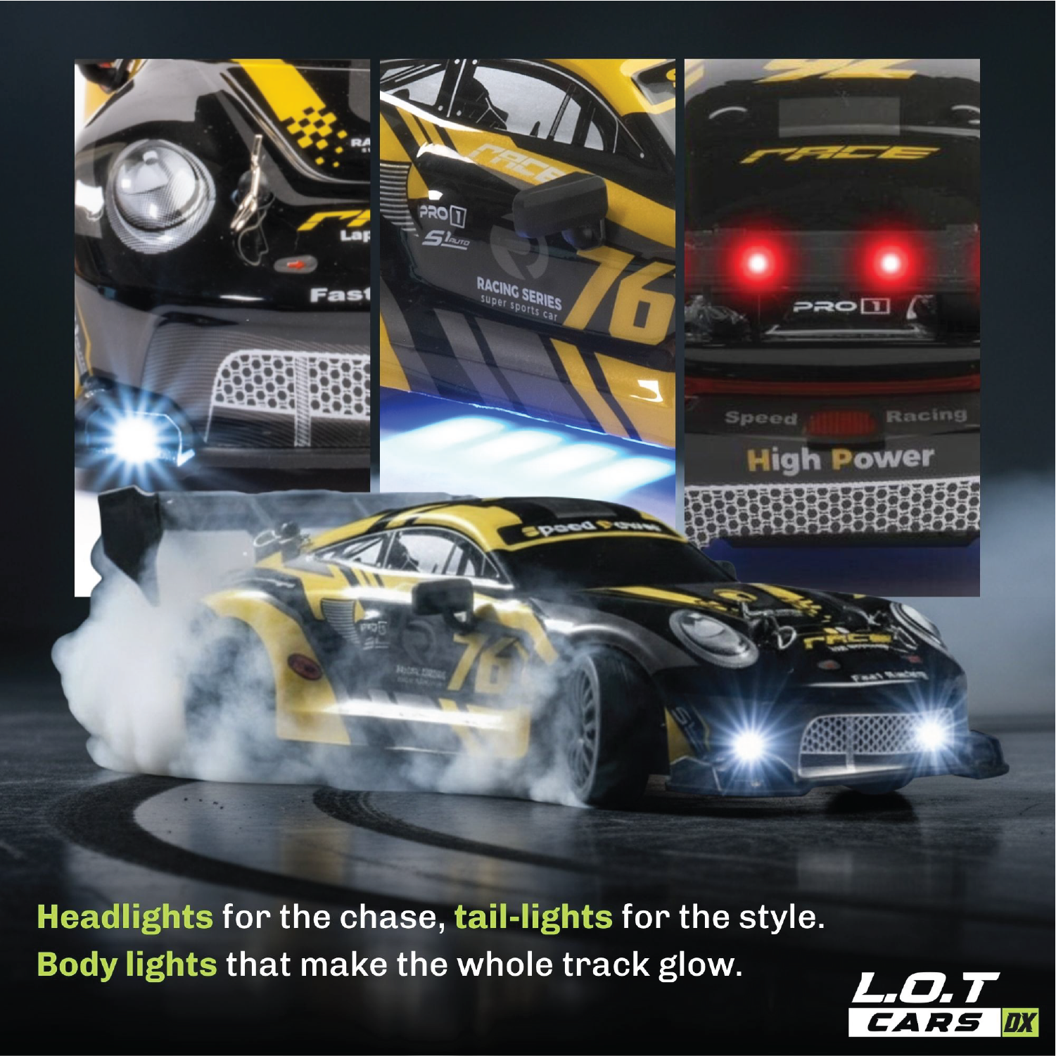 Promotional image of a RC car with various lights on a dark background, featuring the brand 'L.O.T Cars'.