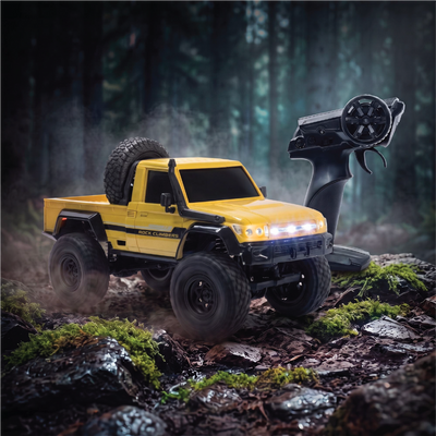 Yellow L.O.T Roxie RC crawler pickup and its 2.4GHz controller on rock in a pine forest